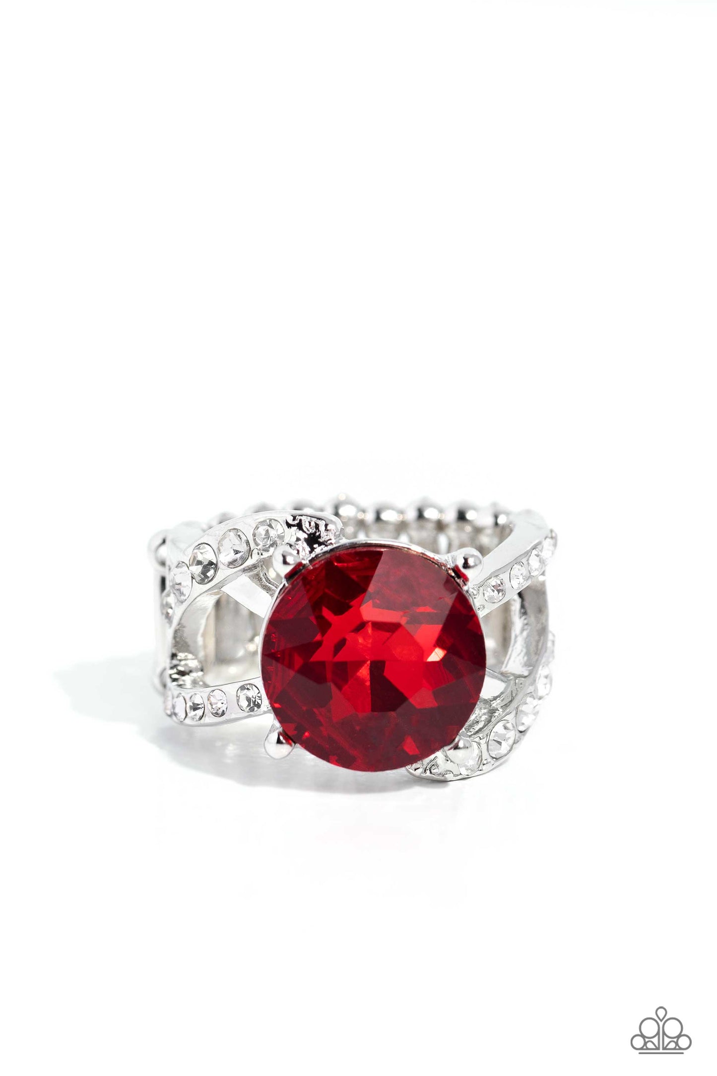 Scintillating Swirl - Red Glittery Gem White Rhinestone Ring Paparazzi R0658