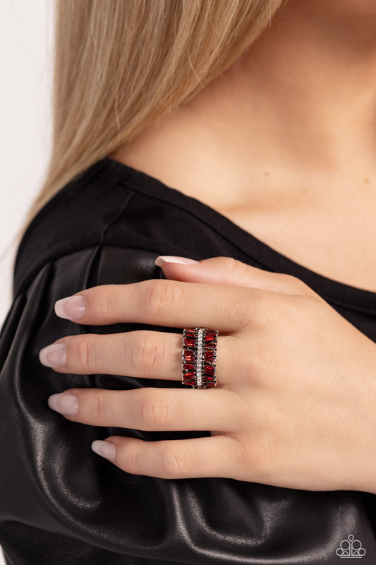 Staggering Stacks - Red Emerald Cut Rhinestone Ring Paparazzi R0516