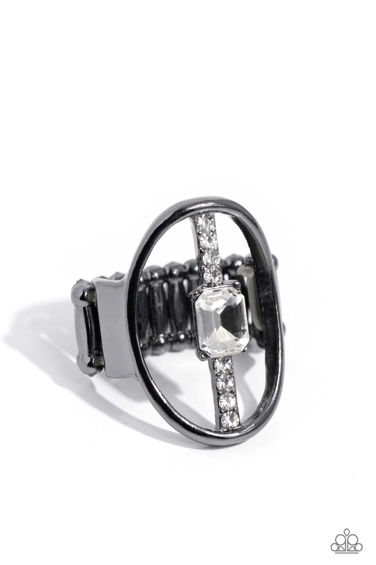 Middle of the Road - Black Gunmetal White Rhinestone Ring Paparazzi R0542