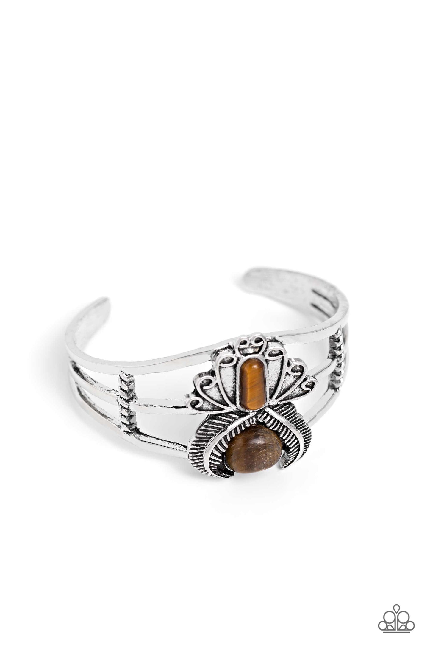 Peacock Plume - Brown Tiger's Eye Stone Silver Peacock Cuff Santa Fe Style Bracelet Paparazzi B1692