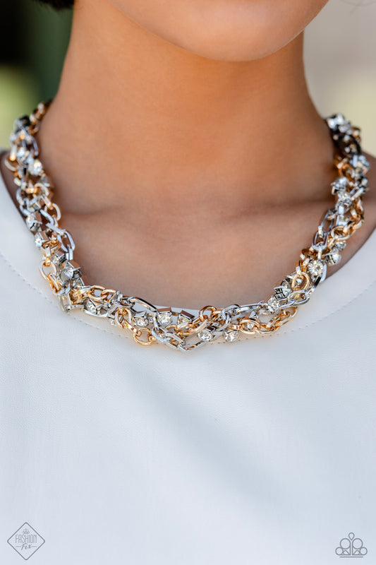 Totally Two-Toned - Multi Gold & Silver Chain White Rhinestone Necklace Fashion Fix September 2023 Paparazzi N1989