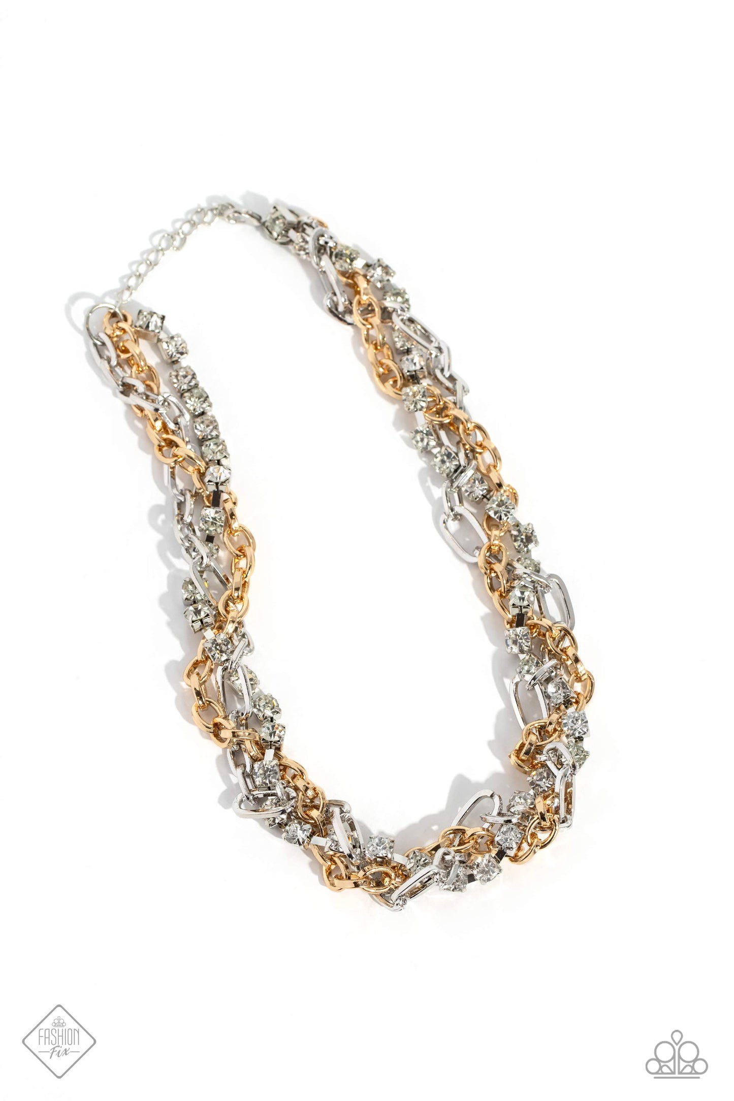 Totally Two-Toned - Multi Gold & Silver Chain White Rhinestone Necklace Fashion Fix September 2023 Paparazzi N1989