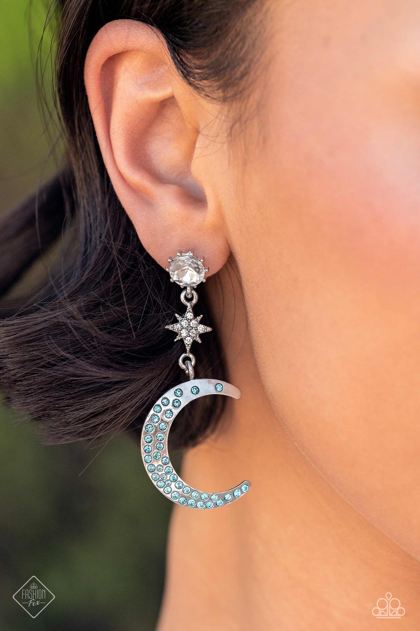 Galactic Grouping - Blue Aquamarine Rhinestone Moon Earring Fashion Fix August 2023 Paparazzi E1477