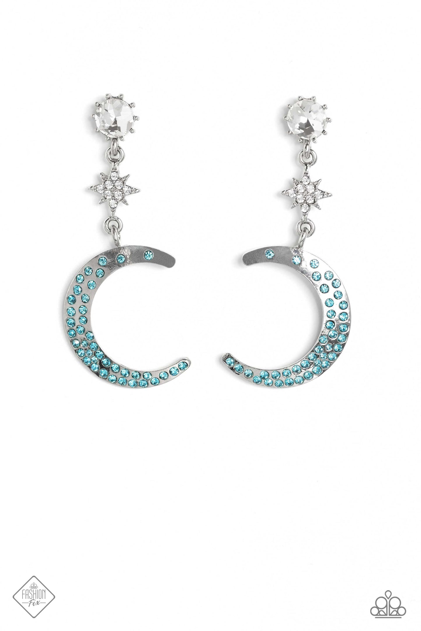 Galactic Grouping - Blue Aquamarine Rhinestone Moon Earring Fashion Fix August 2023 Paparazzi E1477