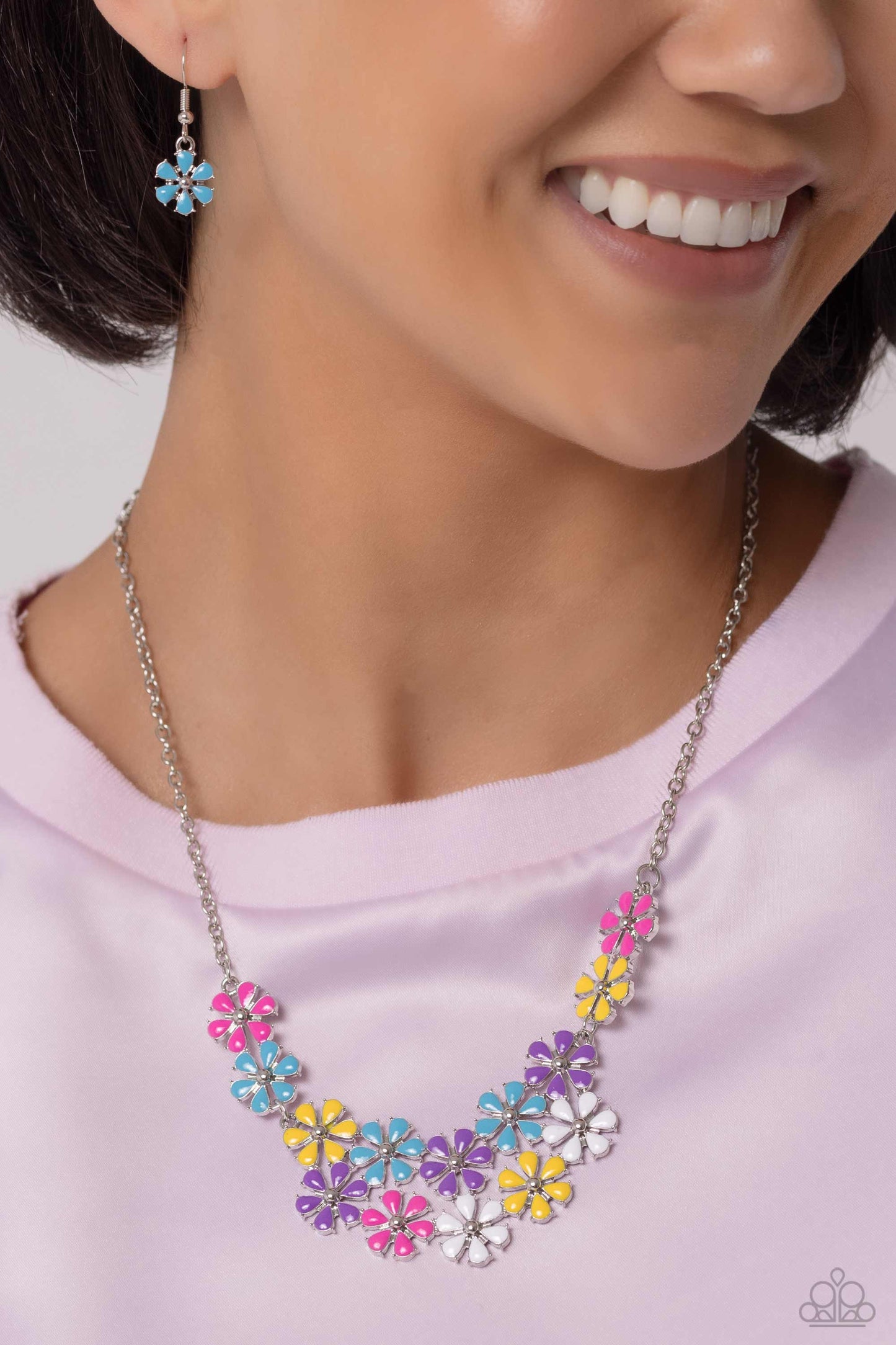 Floral Fever - Multi Colored Hot Pink, Turquoise, Yellow, Purple & White Flower Necklace Paparazzi N1771