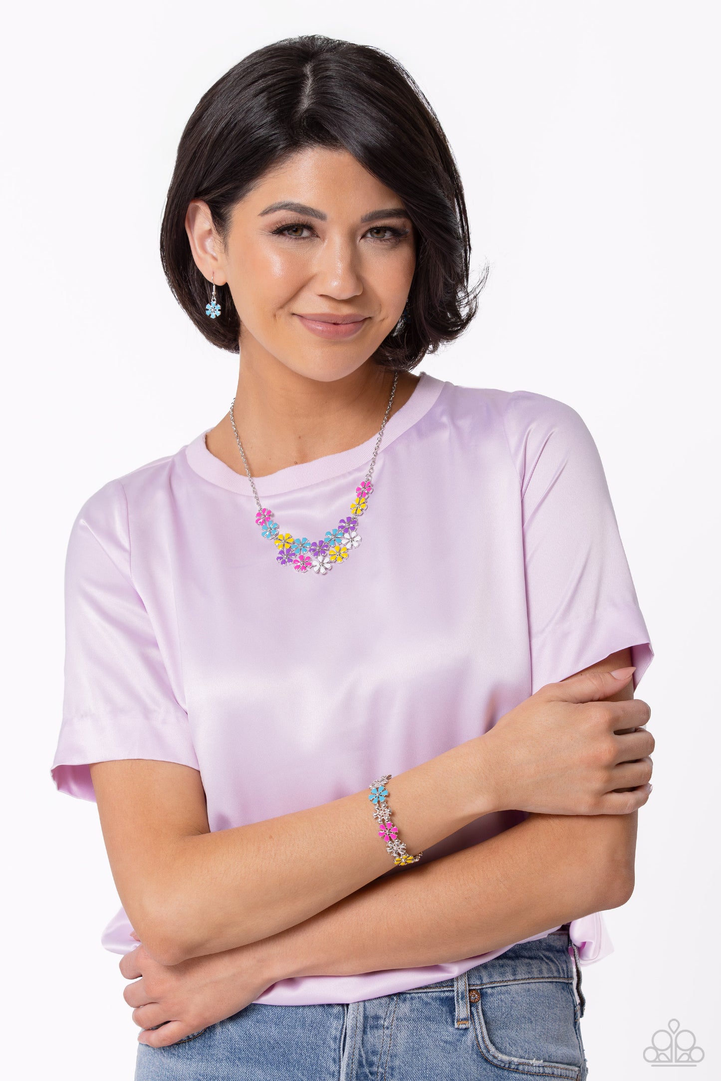 Floral Fever - Multi Colored Hot Pink, Turquoise, Yellow, Purple & White Flower Necklace Paparazzi N1771