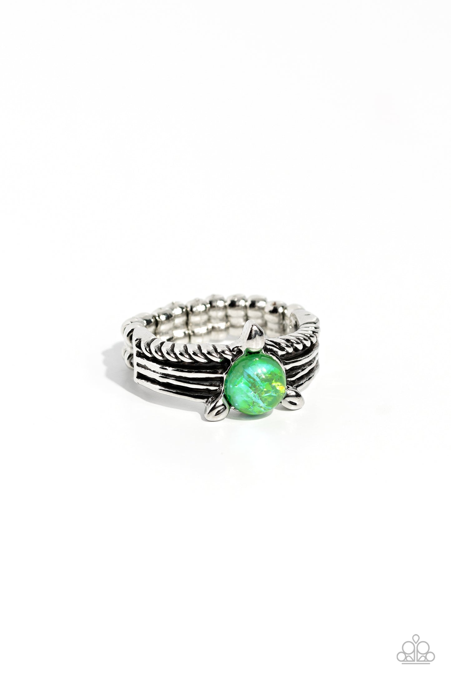 Sinuous Spotlight - Green Opalescent Glassy Bead Ring Paparazzi R0636