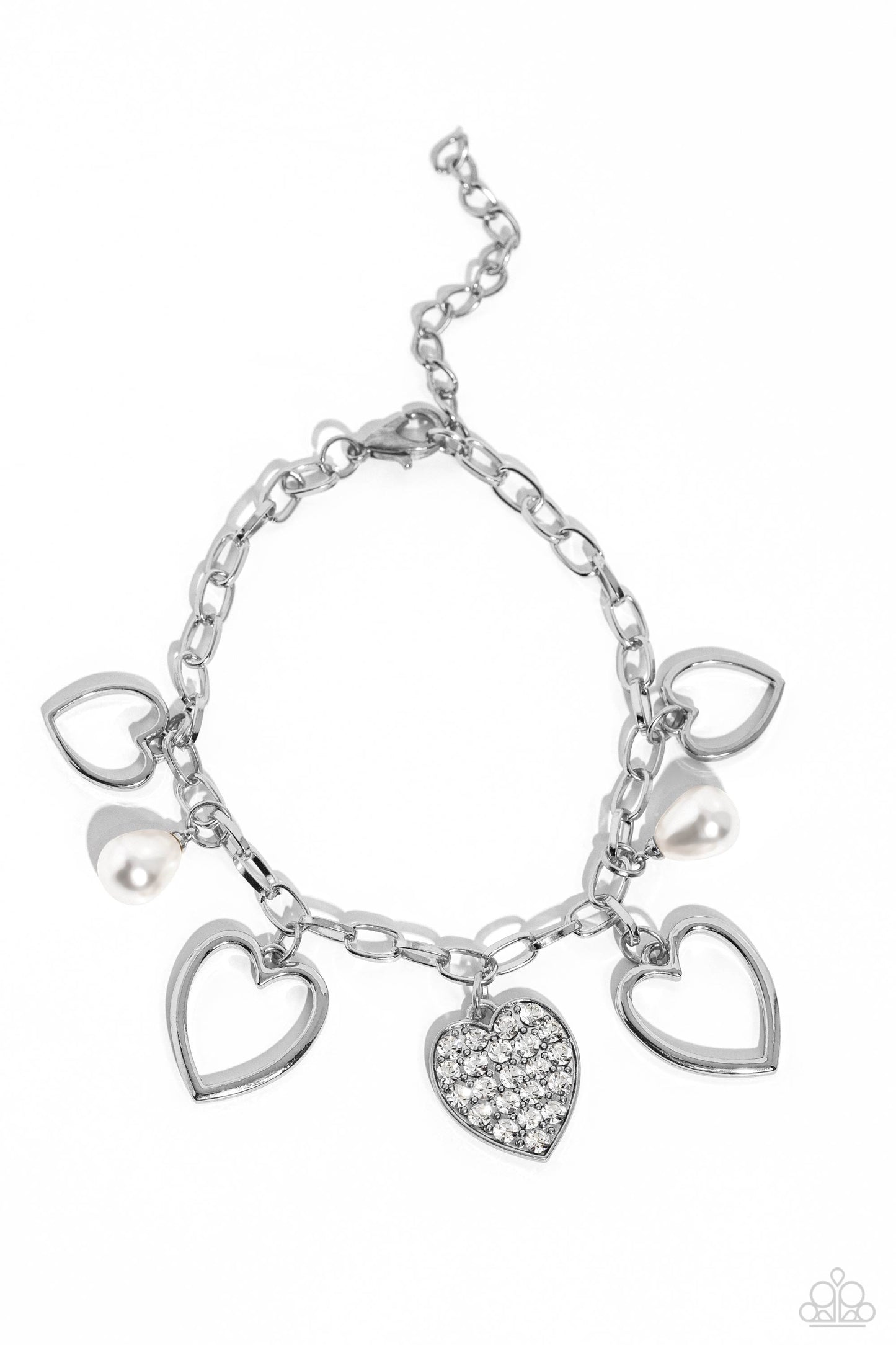 GLOW Your Heart - White Rhinestone Silver Heart Bracelet Paparazzi B1254