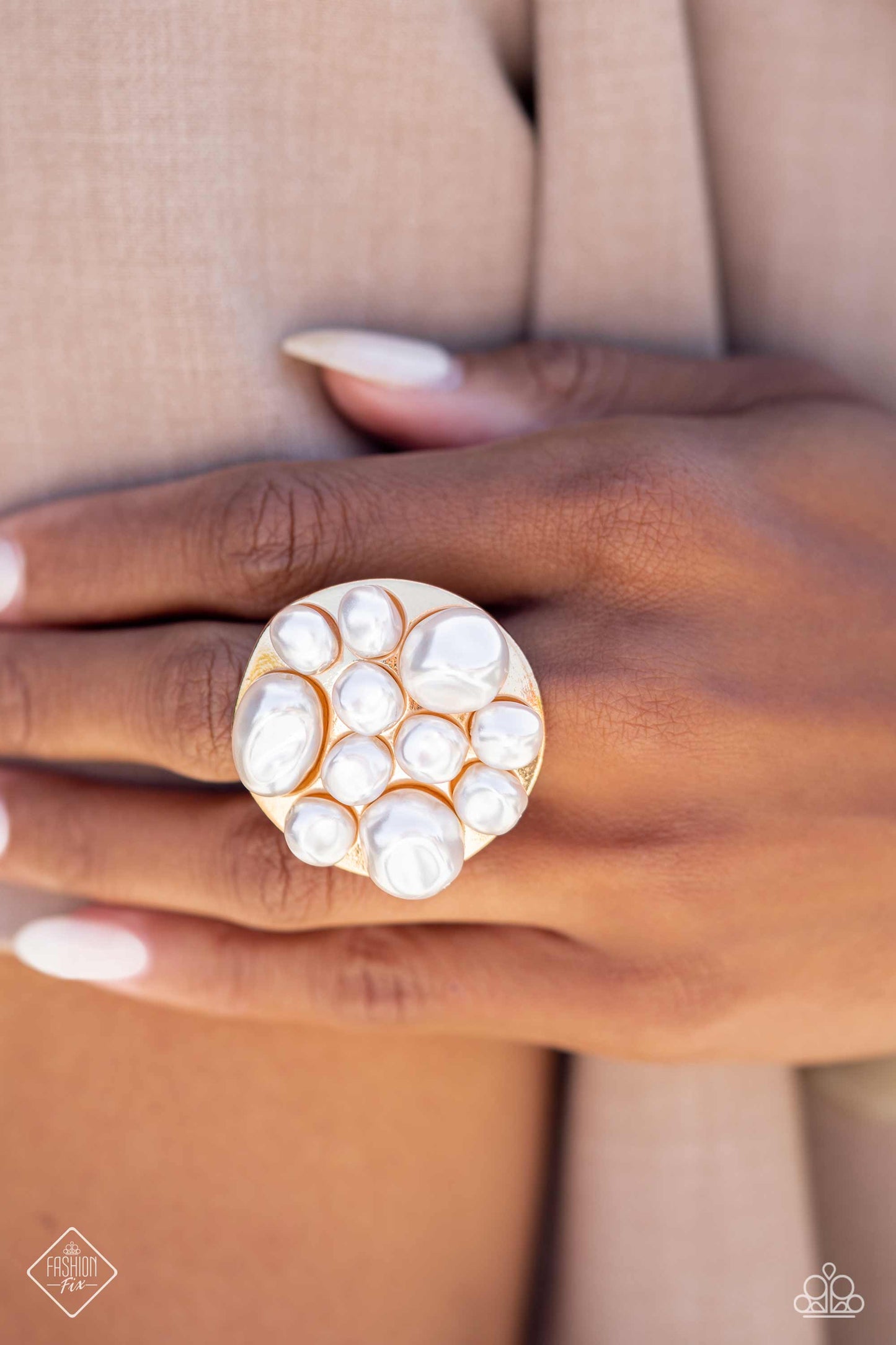 SEA Reason - Gold White Pearl Ring Fashion Fix August 2023 Paparazzi R0508