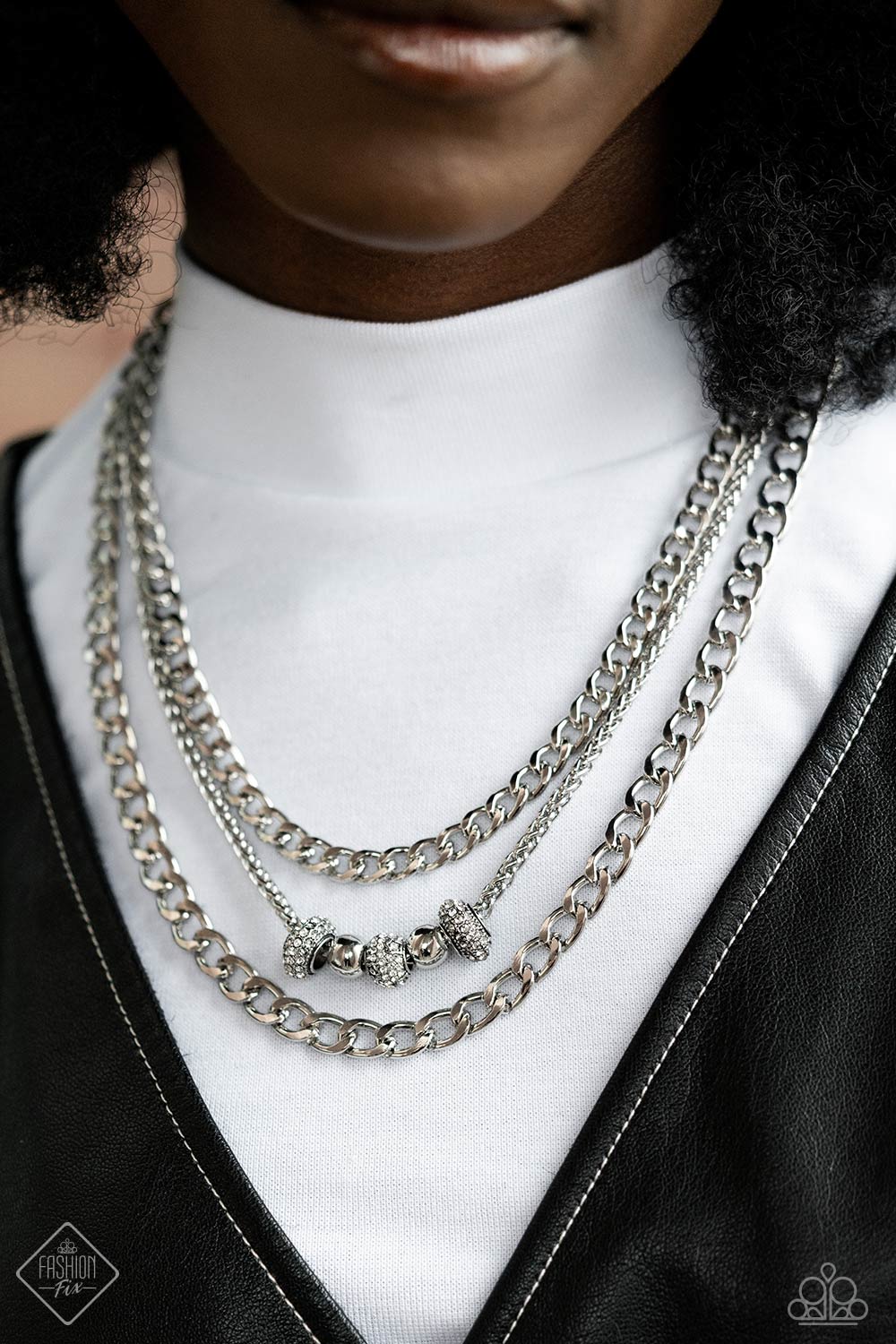 Layered Loyalty - White Rhinestone Silver Chain Multilayer Necklace Fashion Fix October 2023 Paparazzi N1961