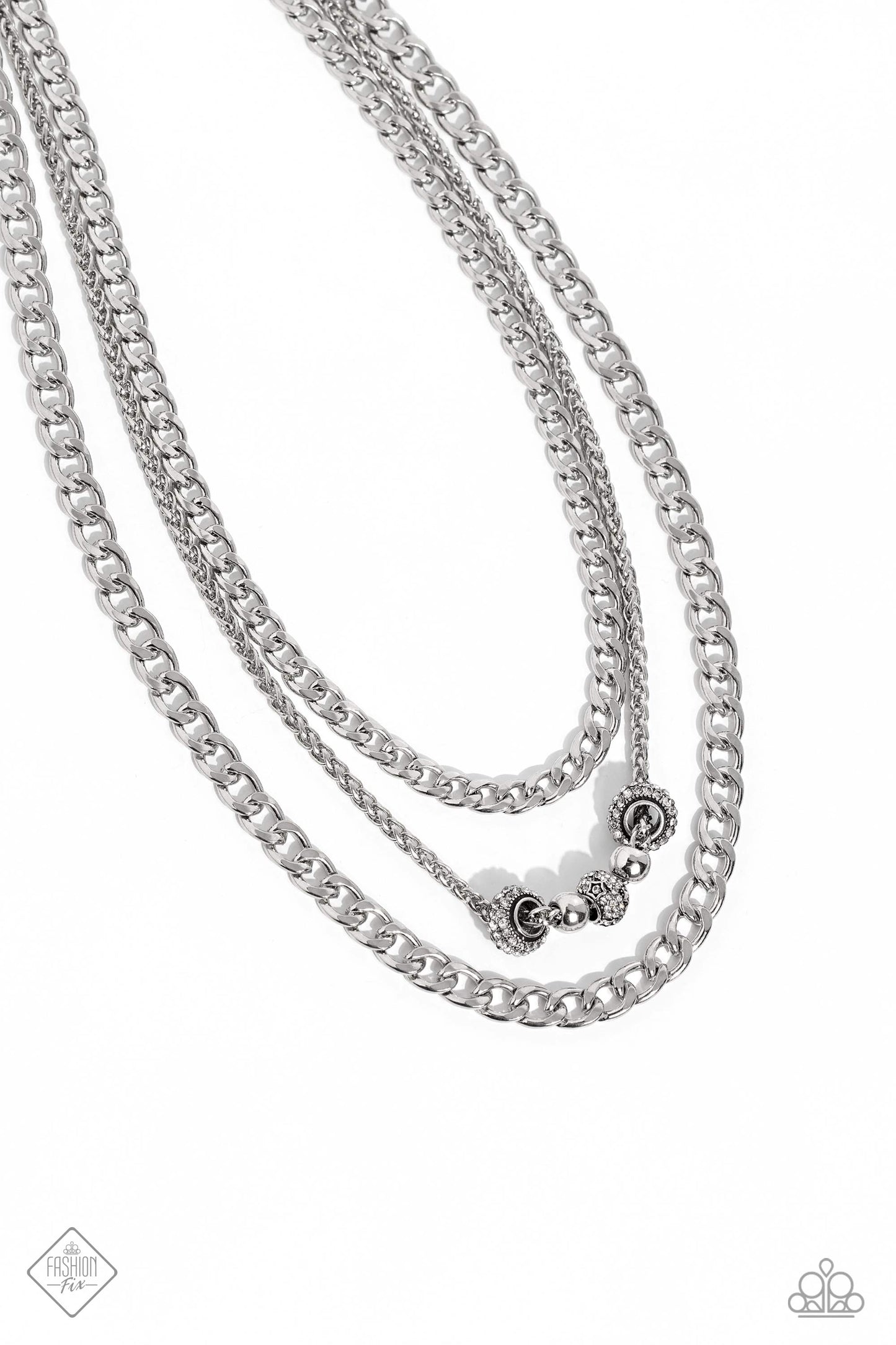 Layered Loyalty - White Rhinestone Silver Chain Multilayer Necklace Fashion Fix October 2023 Paparazzi N1961