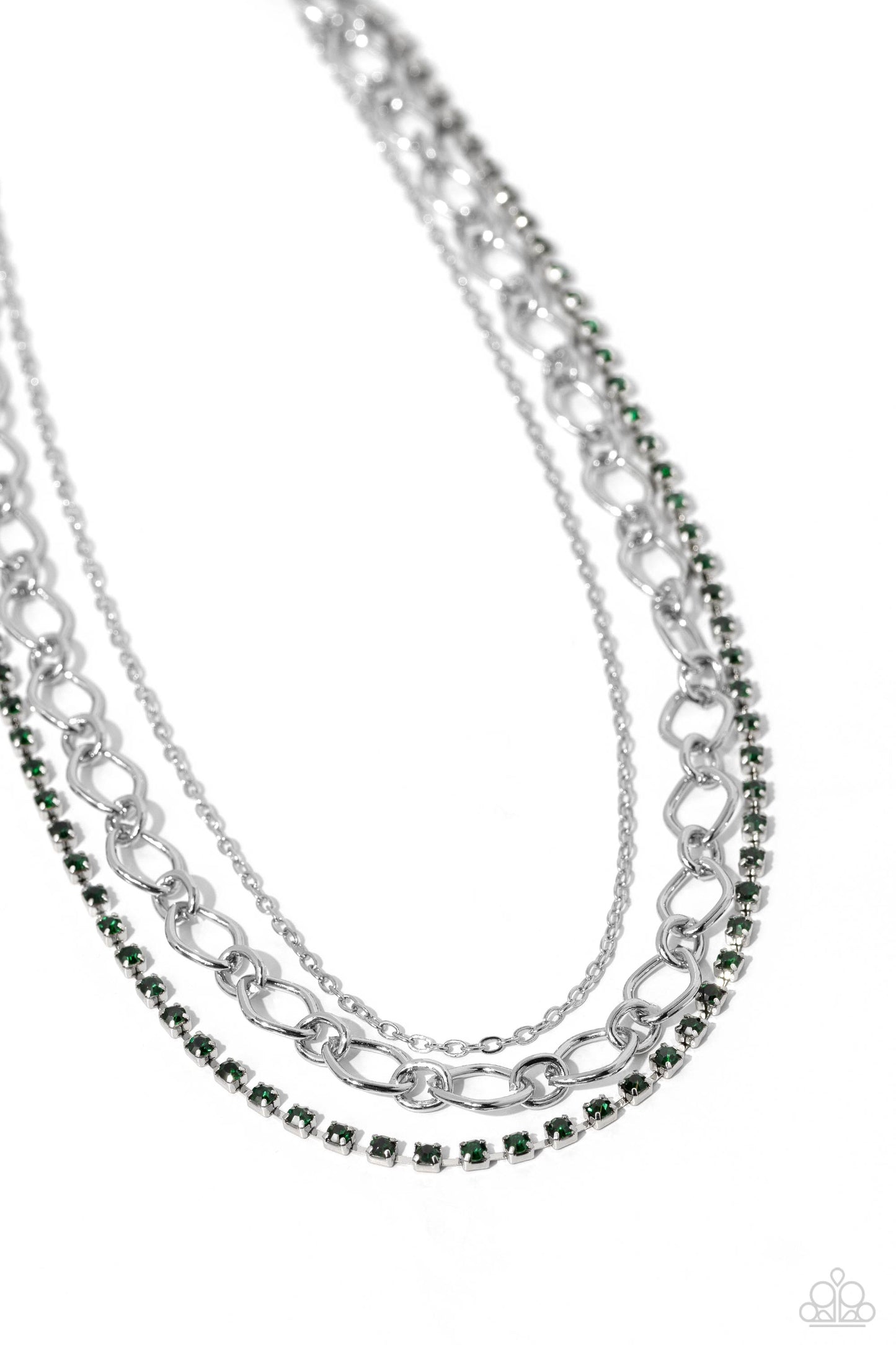 Tasteful Tiers - Green Rhinestone Silver Chain Multilayer Necklace Paparazzi N1718