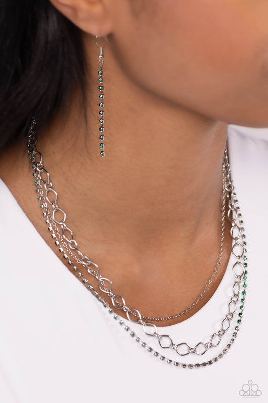 Tasteful Tiers - Green Rhinestone Silver Chain Multilayer Necklace Paparazzi N1718