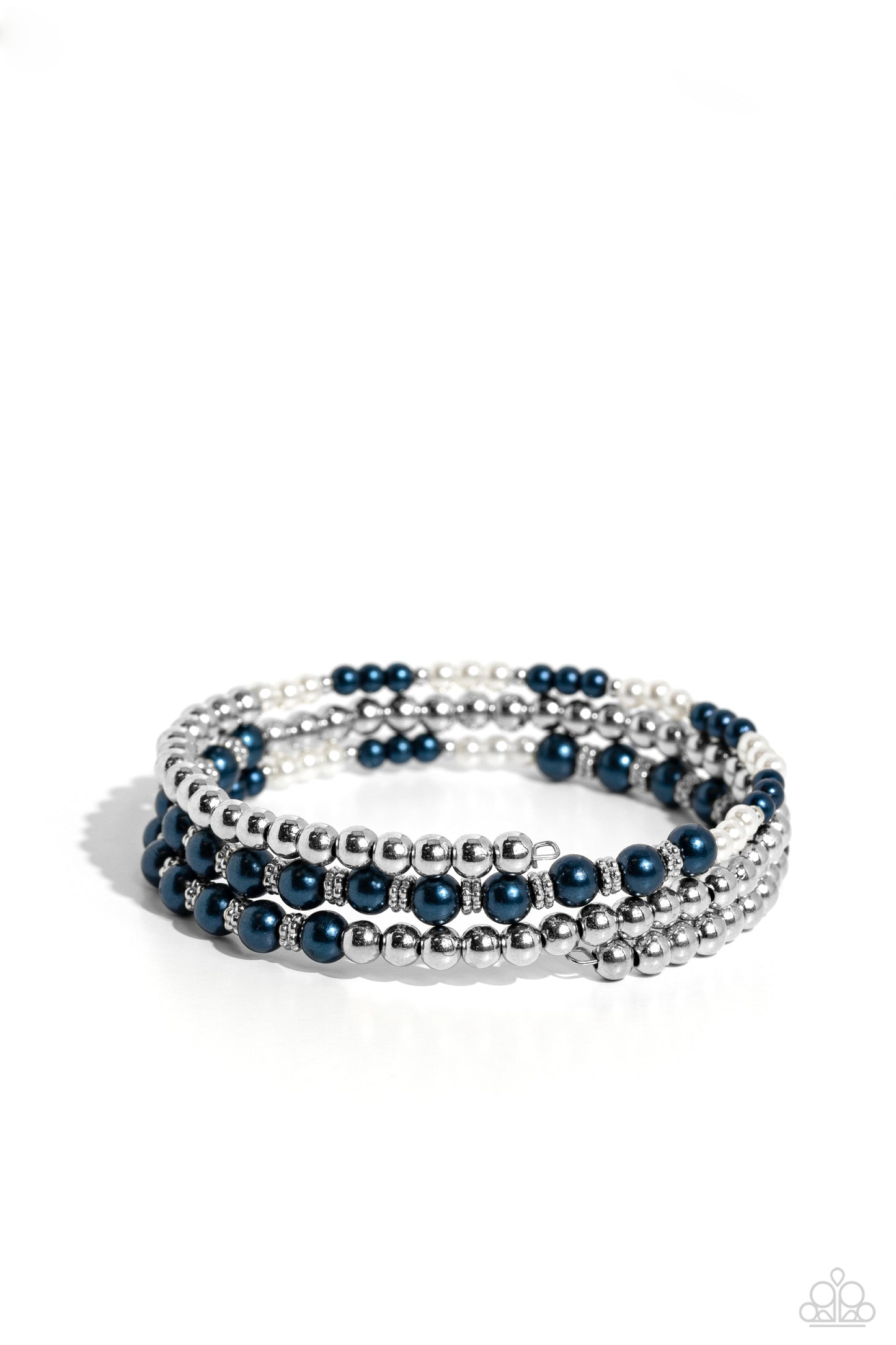 Just SASSING Through - Blue Montana Pearl, White Pearl, Silver Bead Coil Bracelet Paparazzi B1328