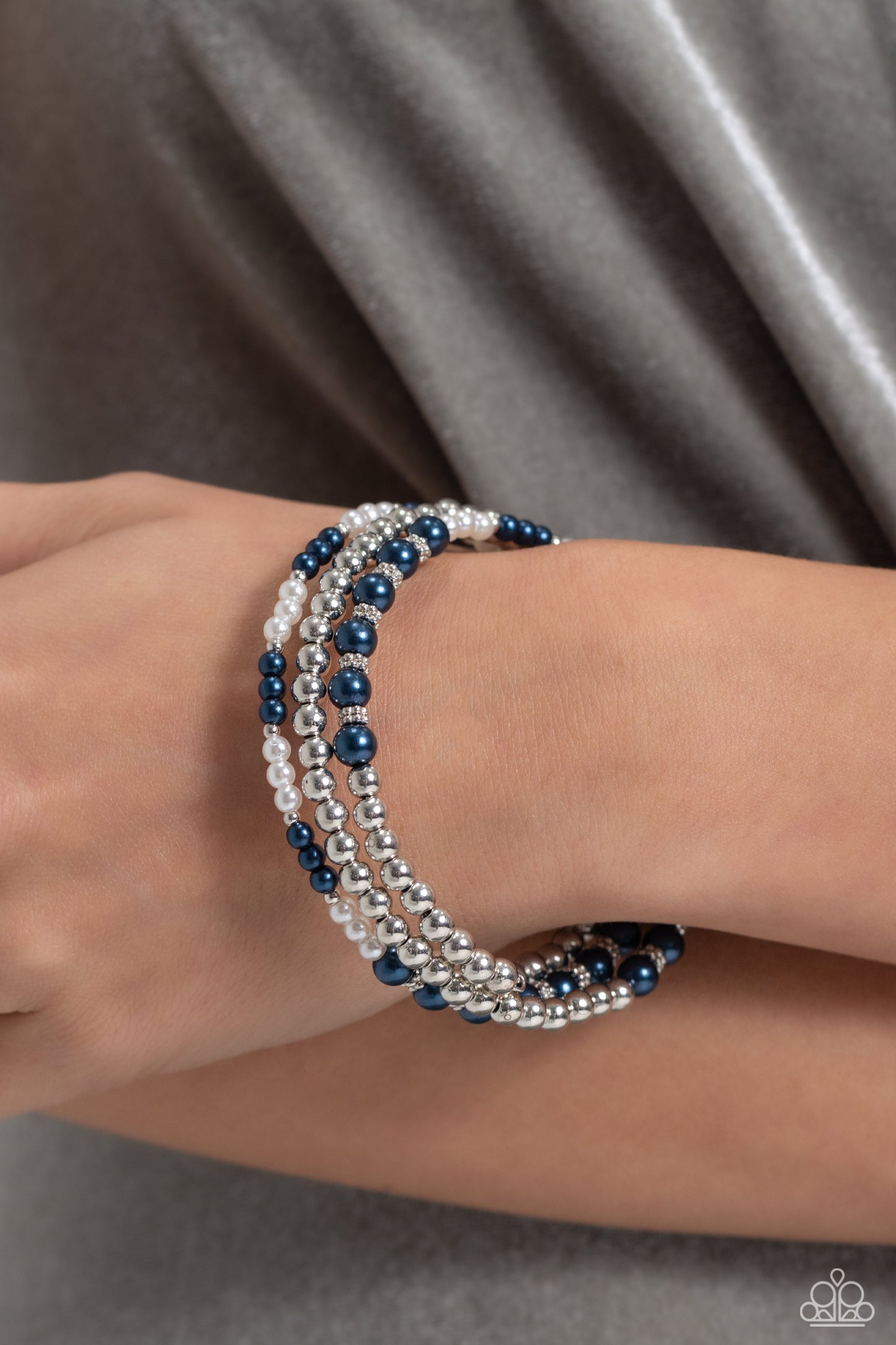 Just SASSING Through - Blue Montana Pearl, White Pearl, Silver Bead Coil Bracelet Paparazzi B1328