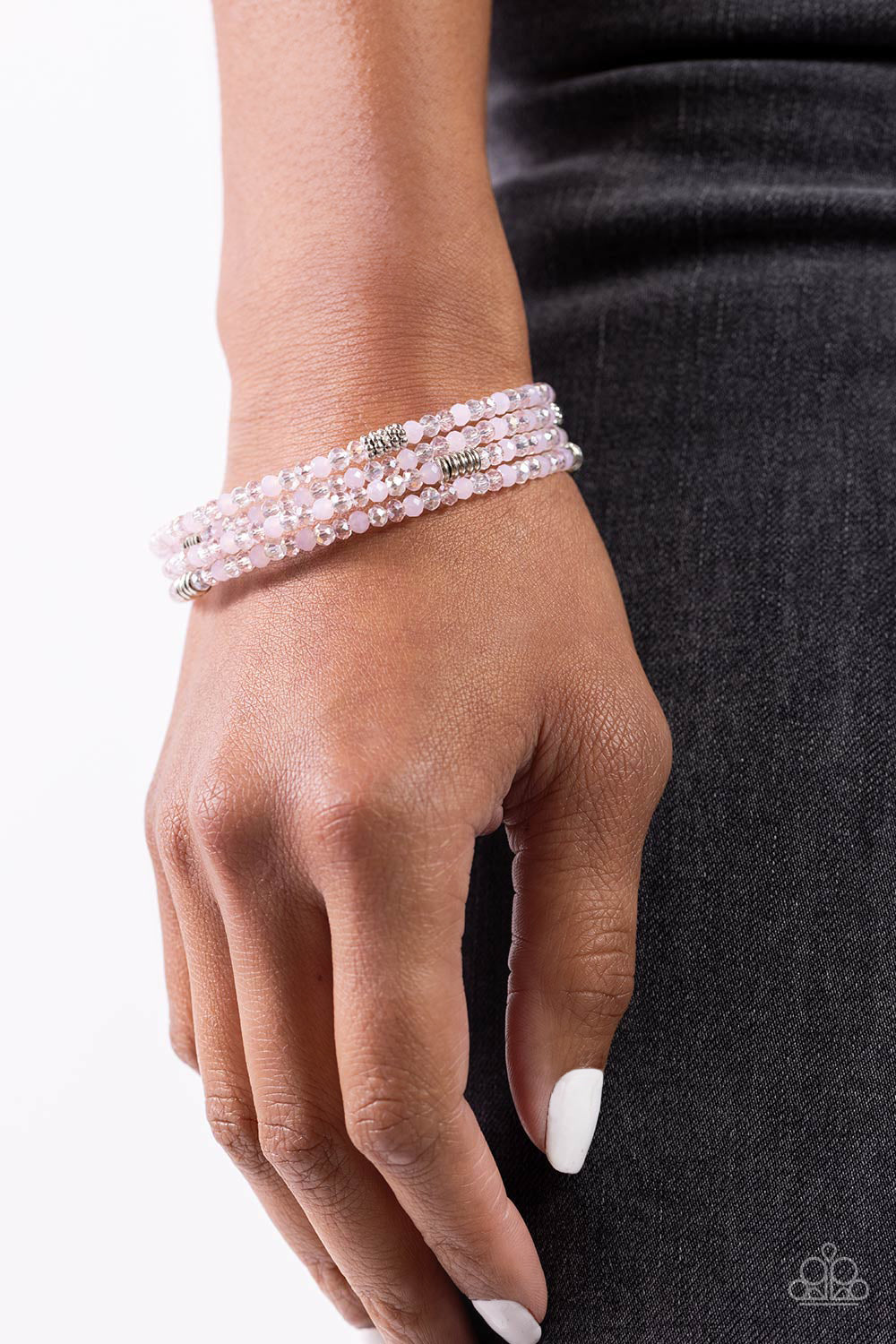 Dreamy Debut - Pink Cloudy, Clear & Silver Bead Coil Bracelet Paparazzi B1248