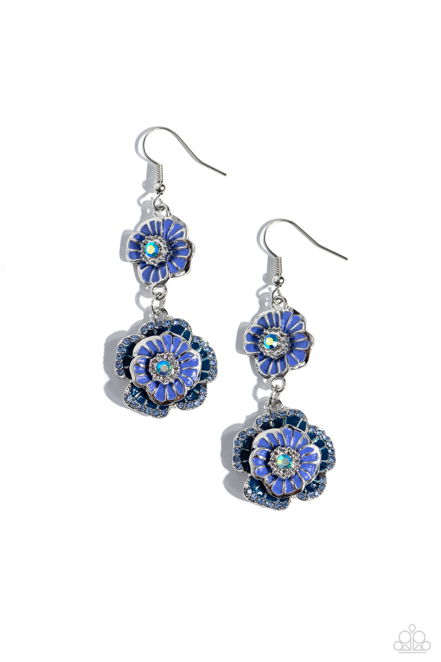 Intricate Impression - Blue Iridescent Gem, Navy Rhinestone Flower Earring Paparazzi E1728