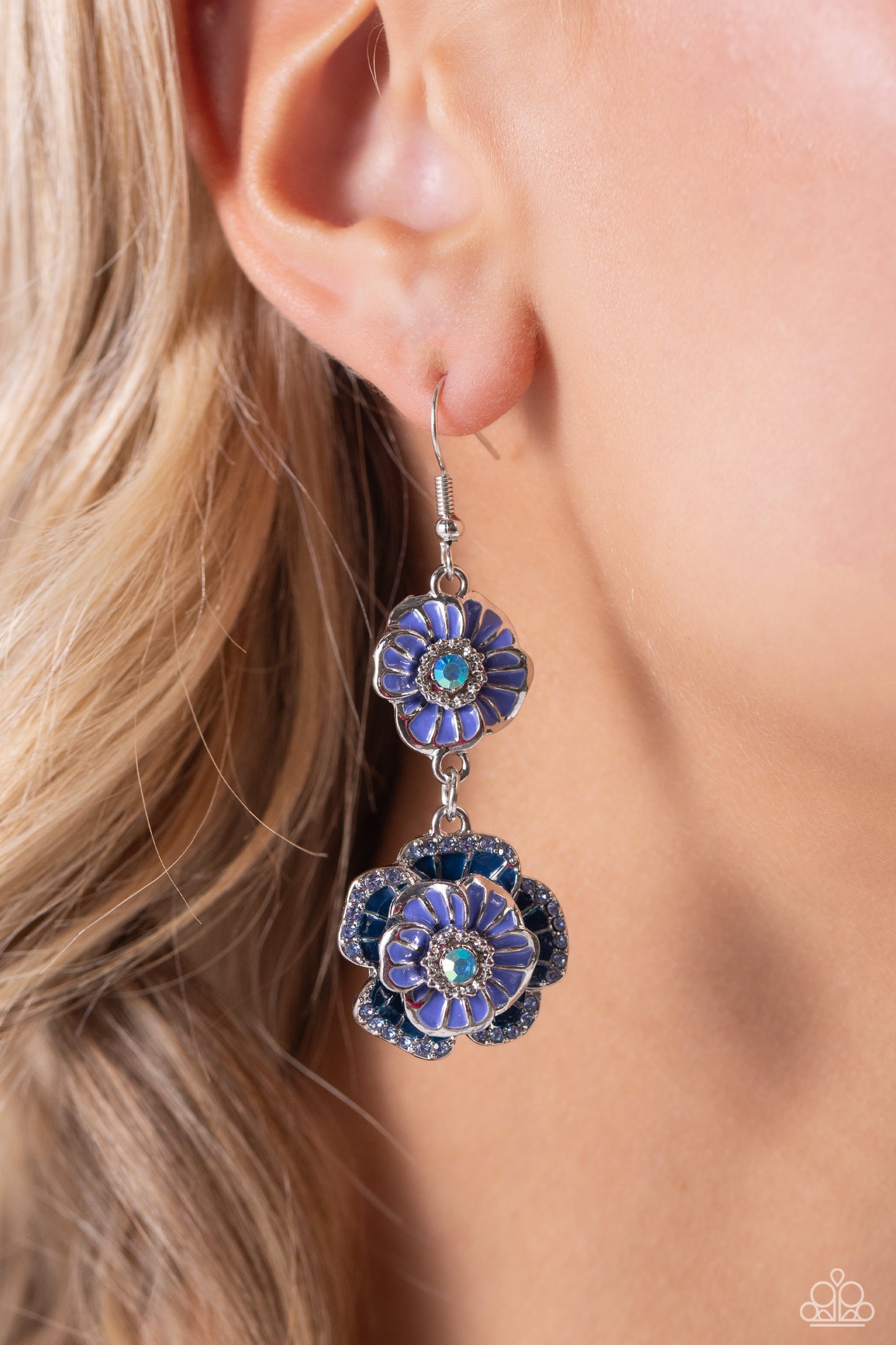 Intricate Impression - Blue Iridescent Gem, Navy Rhinestone Flower Earring Paparazzi E1728