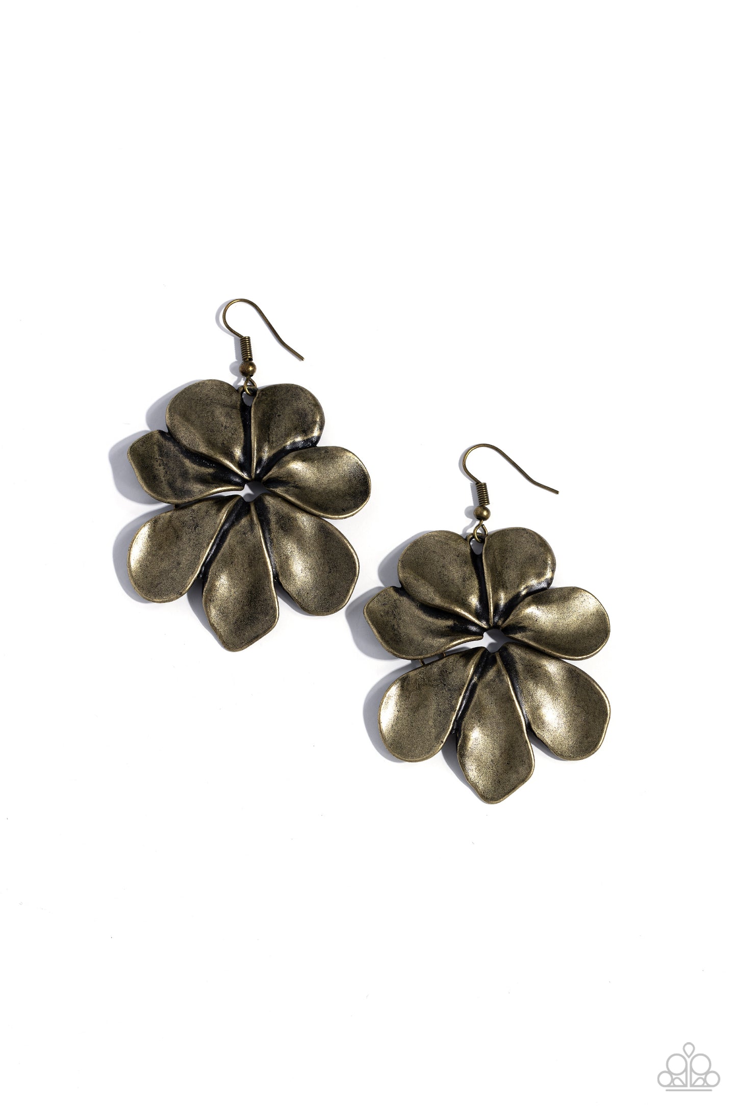 Hinging Hallmark - Brass Imperfect Flower Earring Paparazzi E0829