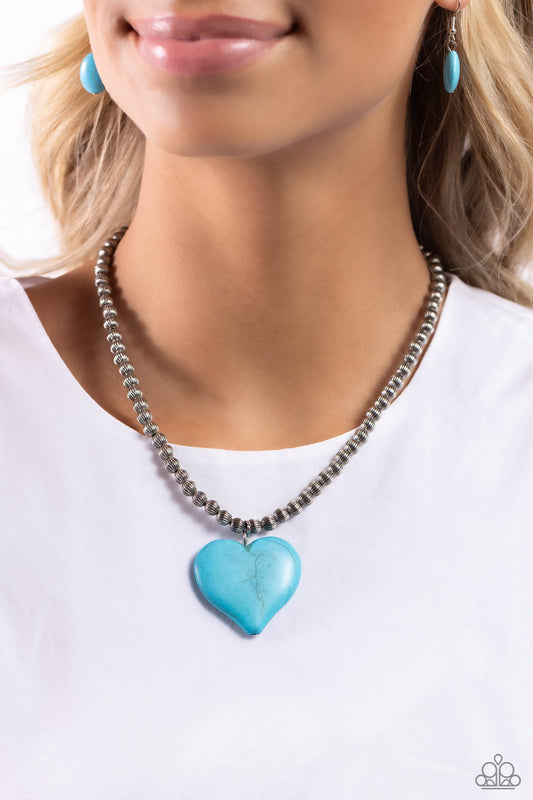 Picturesque Pairing - Blue Turquoise Heart Silver Bead Santa Fe Style Necklace Paparazzi N1761