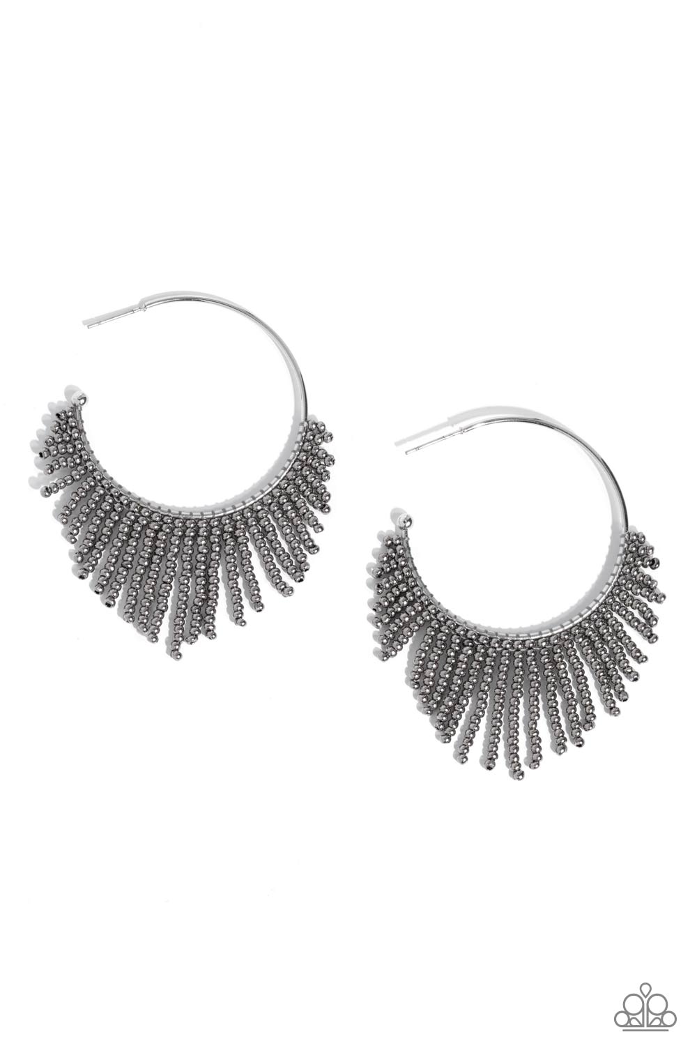 Tailored Tassel - Silver Gunmetal Seed Bead 1 1/2 Inch Hoop Earring Paparazzi E1811