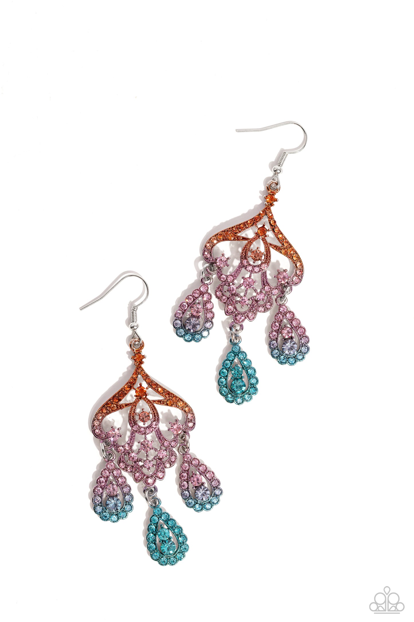 Chandelier Command - Multi Ombre' Orange, Pink to Blue Rhinestone Earring Paparazzi E1583