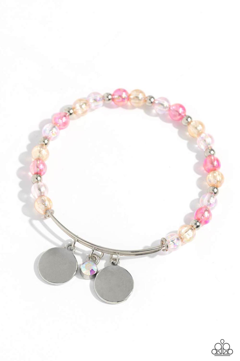 Bodacious Beacon - Pink Peacock, Baby Pink, Peach Glassy Bead Bar Fitting Bangle Bracelet Paparazzi B1460