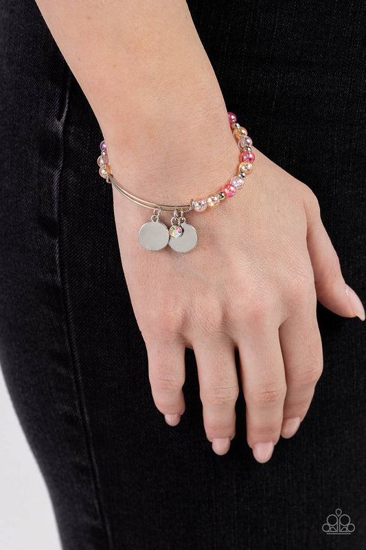 Bodacious Beacon - Pink Peacock, Baby Pink, Peach Glassy Bead Bar Fitting Bangle Bracelet Paparazzi B1460