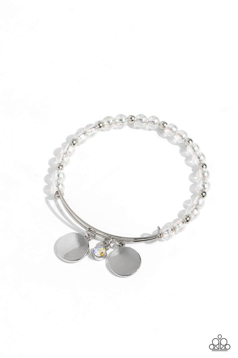 Bodacious Beacon - White Bead Dainty Silver Bangle Bracelet Paparazzi B1527