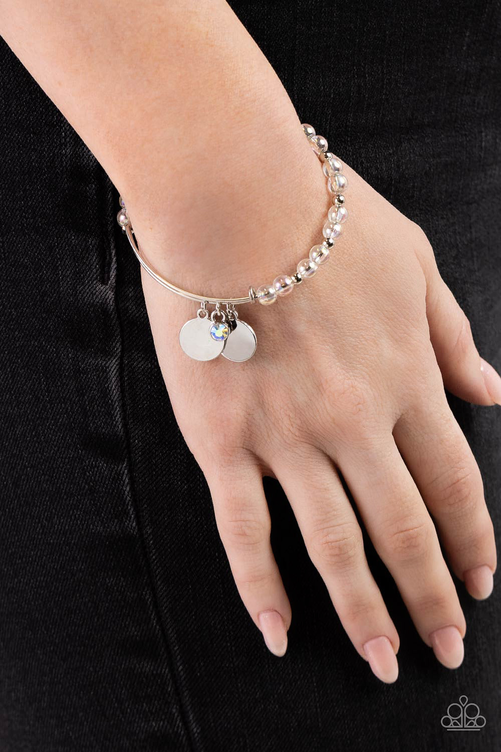 Bodacious Beacon - White Bead Dainty Silver Bangle Bracelet Paparazzi B1527