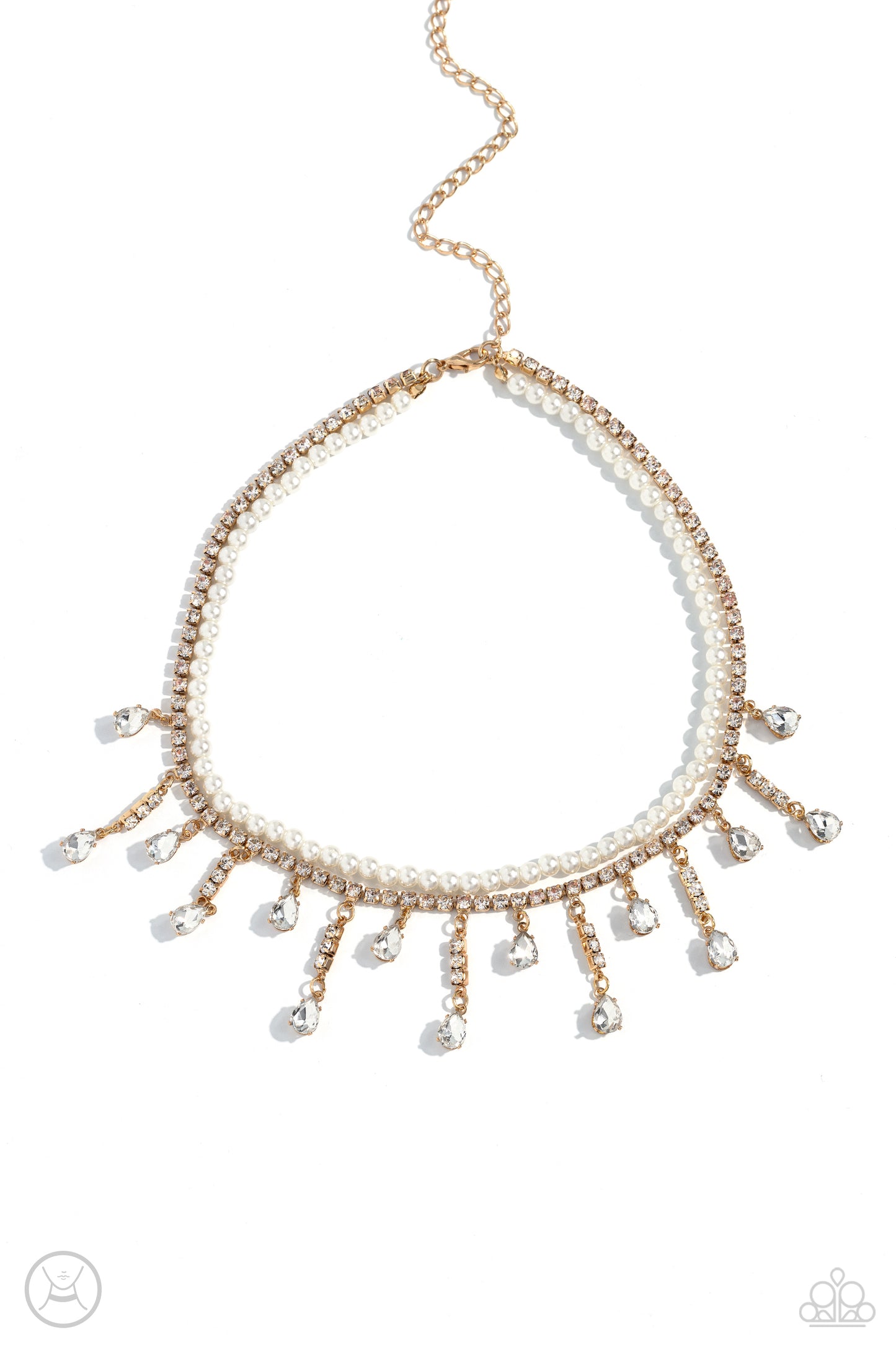 Lessons in Luxury - Gold, White Rhinestone, Pearl & Gem Choker Necklace Paparazzi N1847