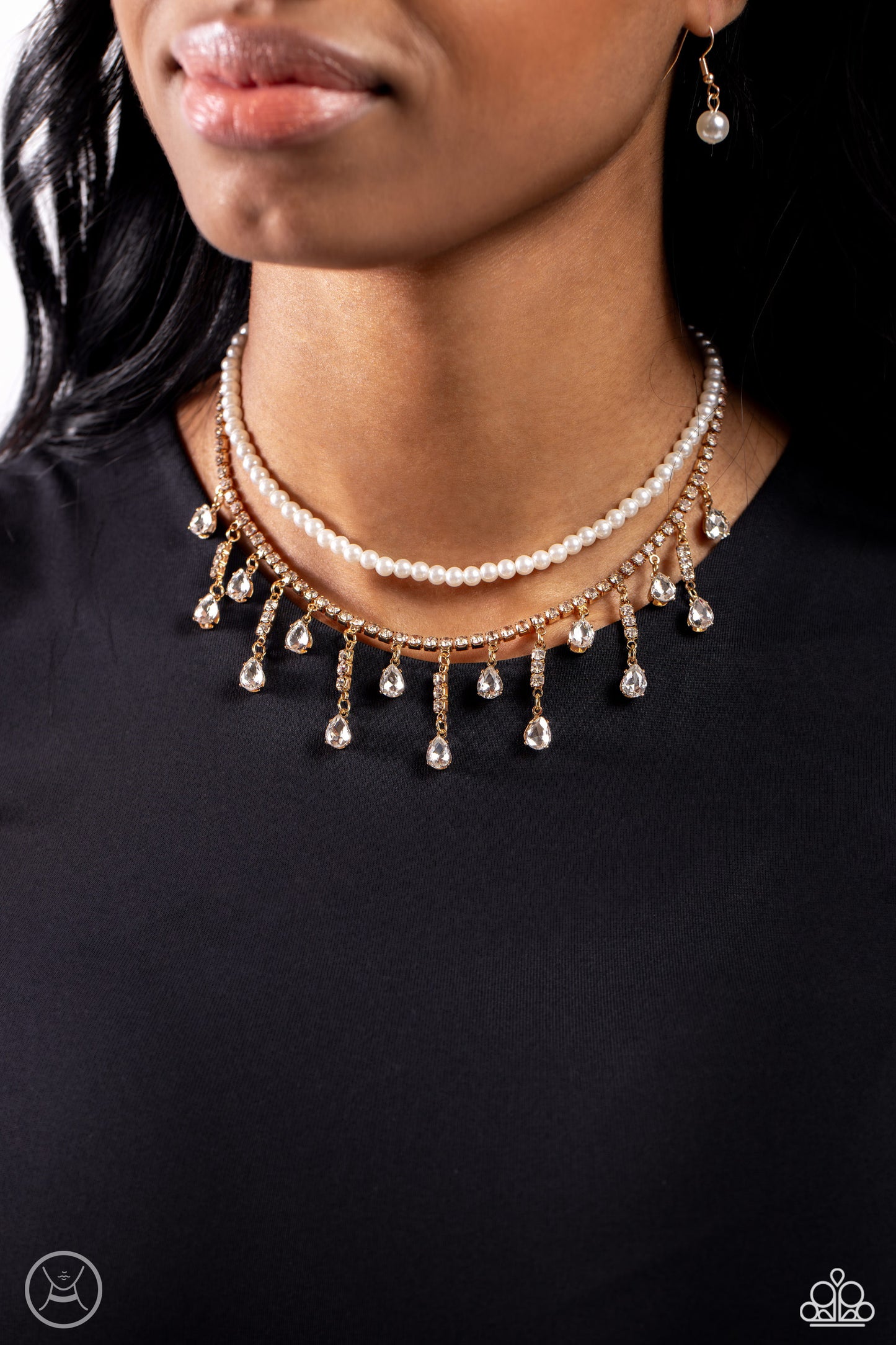 Lessons in Luxury - Gold, White Rhinestone, Pearl & Gem Choker Necklace Paparazzi N1847