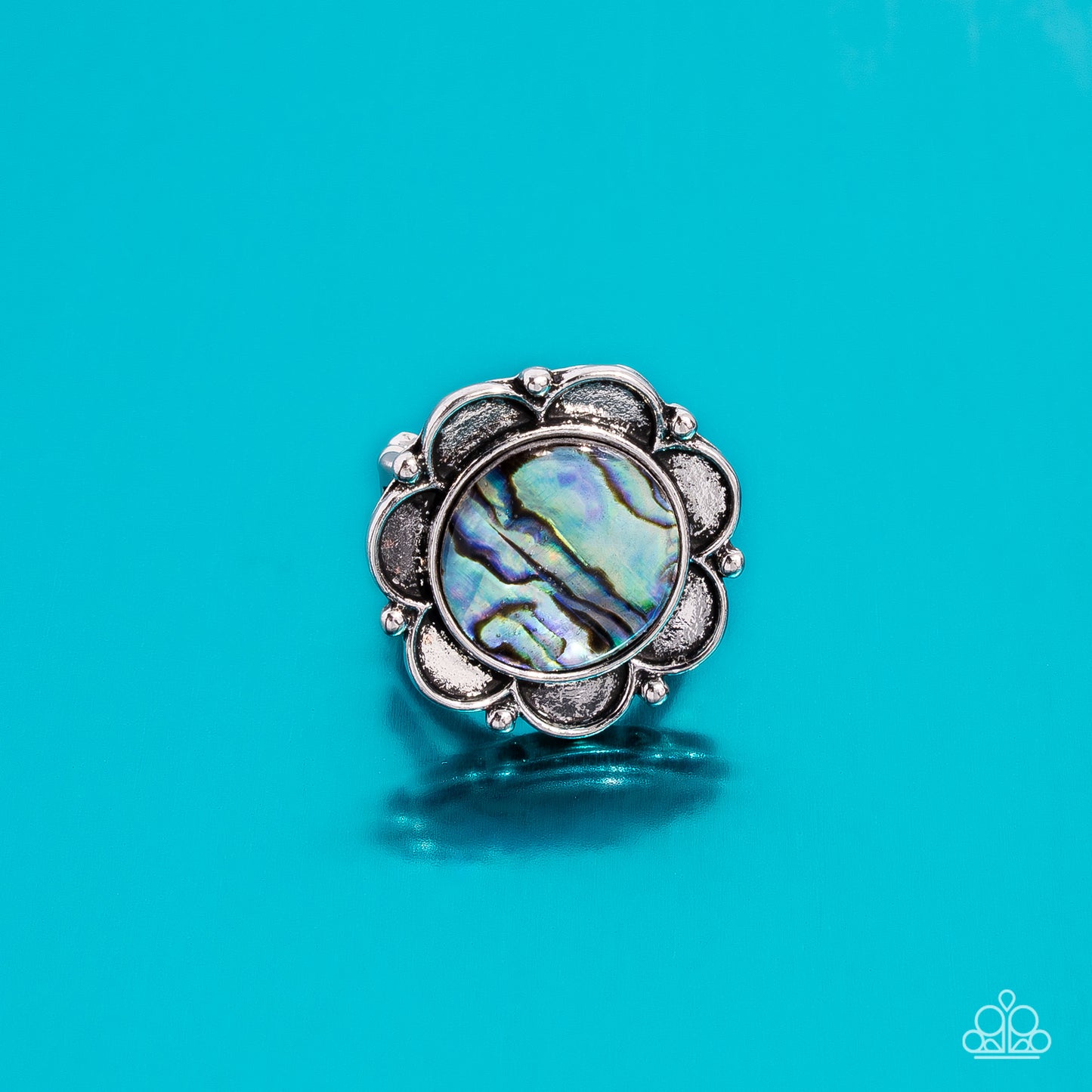 Artistic Accomplishment - Blue Faux Abalone Shell Silver Flower Ring Paparazzi R0662