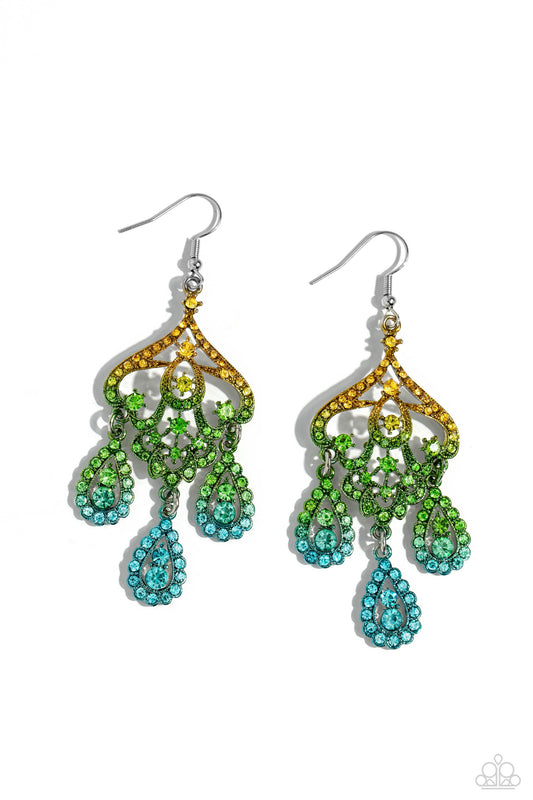 Chandelier Command - Multi Colored Ombre' Yellow to Green to Blue Rhinestone Earring Paparazzi E1489