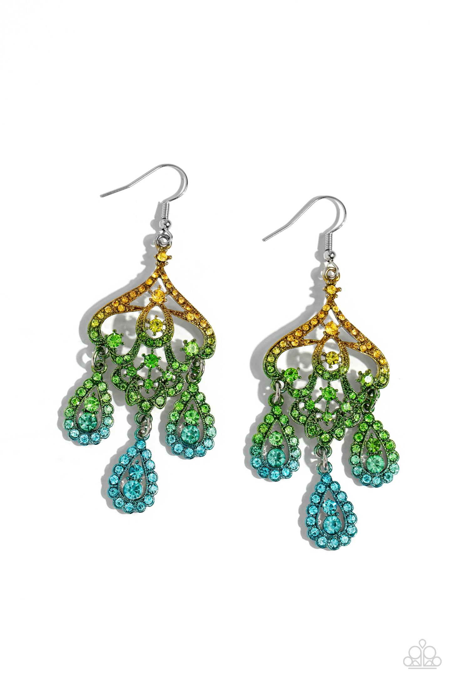 Chandelier Command - Multi Colored Ombre'  Yellow to Green to Blue Rhinestone Earring Paparazzi E1489