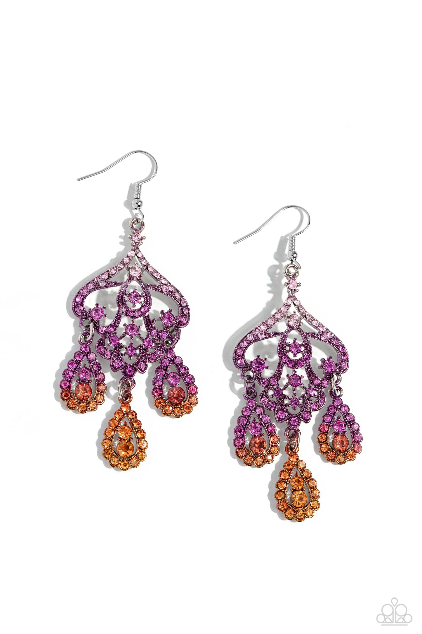 Chandelier Command - Multi Ombre' Pink, Purple, Orange Rhinestone Teardrop Earring Paparazzi E1531