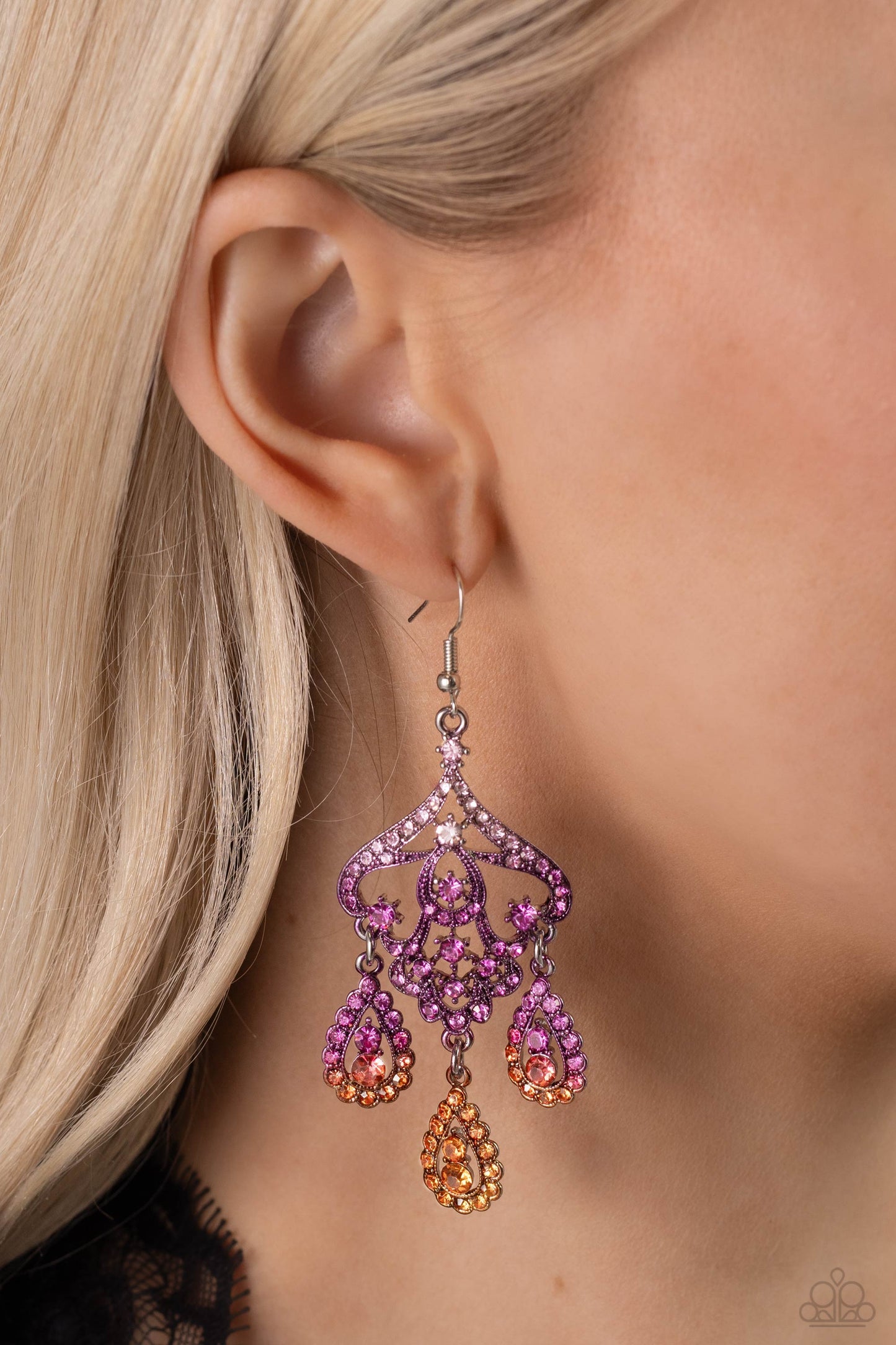 Chandelier Command - Multi Ombre' Pink, Purple, Orange Rhinestone Teardrop Earring Paparazzi E1531