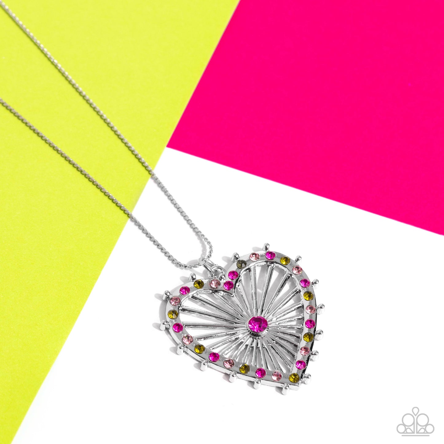 Flirting Ferris Wheel - Pink, Fuchsia, Olive Green Rhinestone Heart Necklace Paparazzi N1990