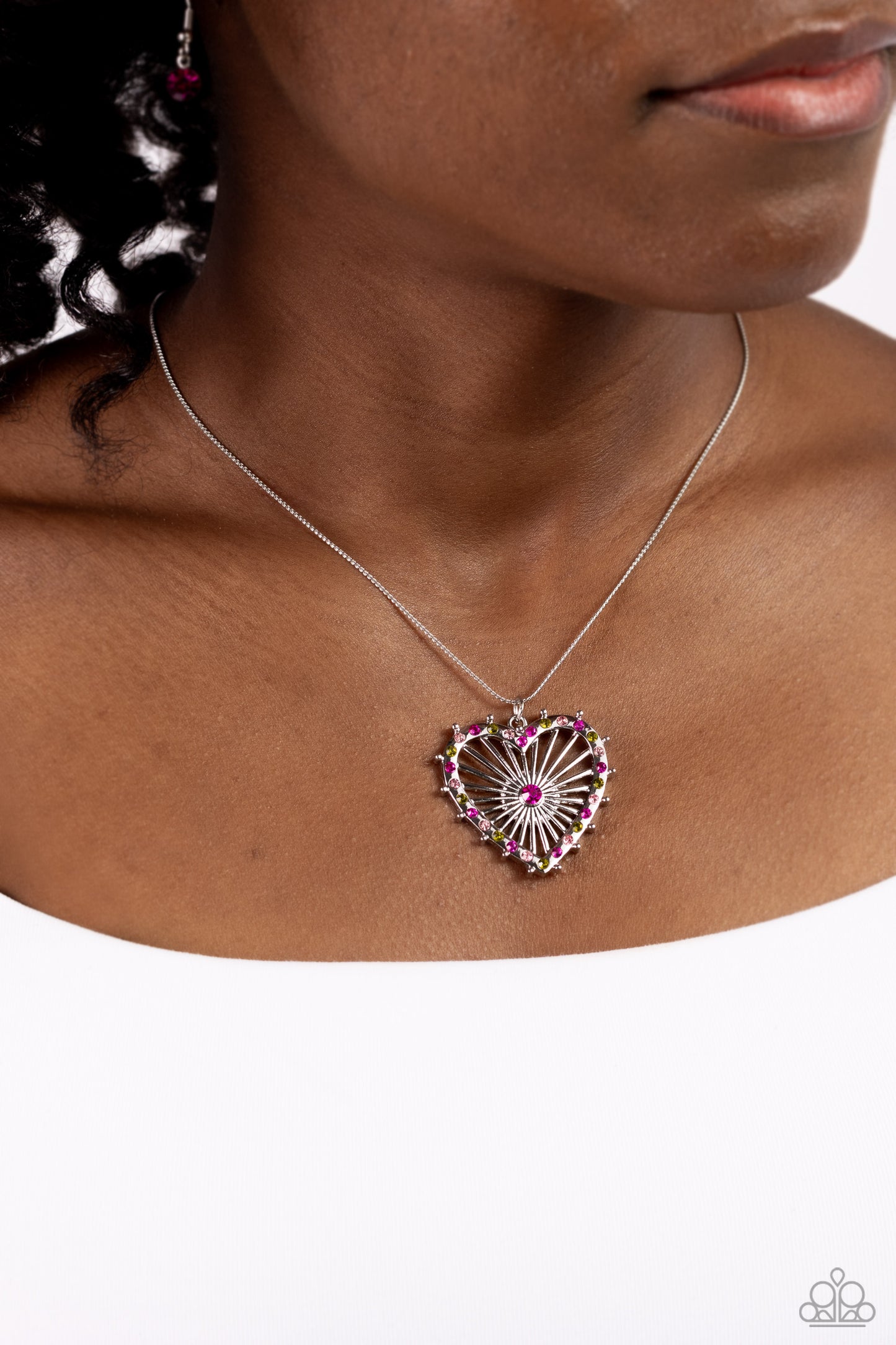 Flirting Ferris Wheel - Pink, Fuchsia, Olive Green Rhinestone Heart Necklace Paparazzi N1990