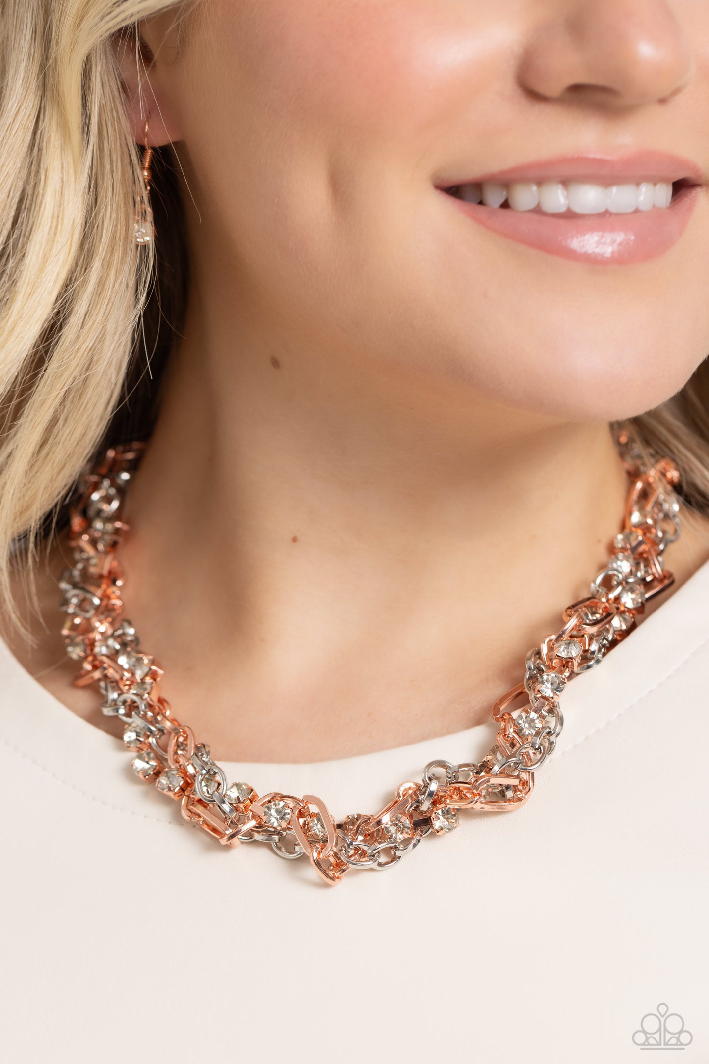 Totally Two-Toned - Copper & Silver Intertwined Chain With White Rhinestone Necklace Paparazzi N1801