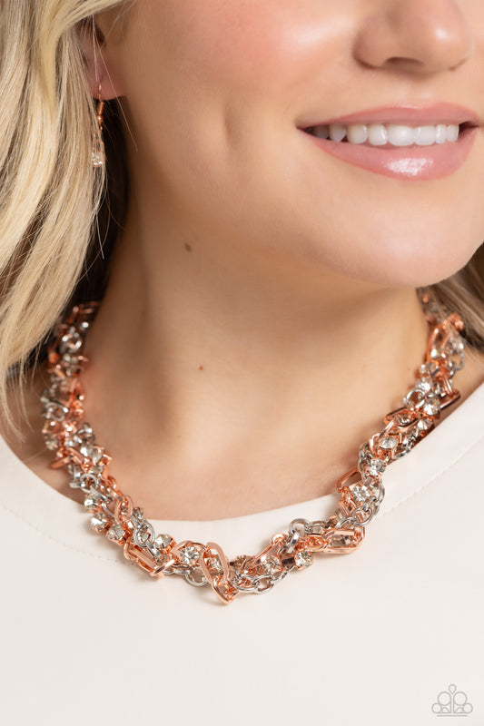 Totally Two-Toned - Copper & Silver Intertwined Chain With White Rhinestone Necklace Paparazzi N1801