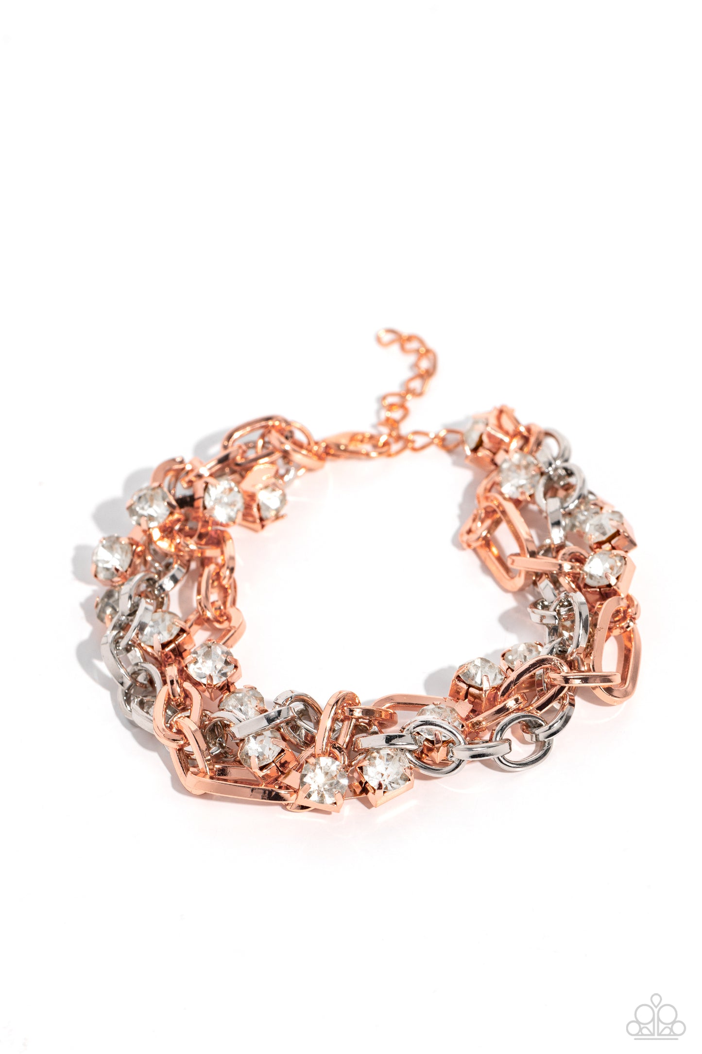 Two-Tone Taste - Copper & Silver Intertwined Chain White Gem Bracelet Paparazzi B1235