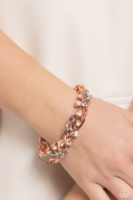 Two-Tone Taste - Copper & Silver Intertwined Chain White Gem Bracelet Paparazzi B1235