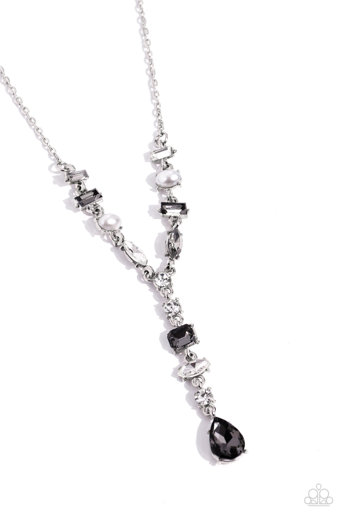 Dreamy Dowry - Silver, White Pearl, Glassy Smoky & White Gem Dainty Y Necklace Paparazzi N2068