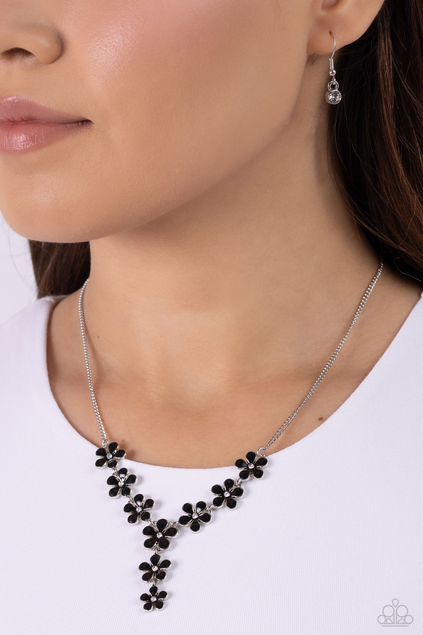 Flowering Feature - Black Painted, White Rhinestone Center Flower Necklace Paparazzi N2103