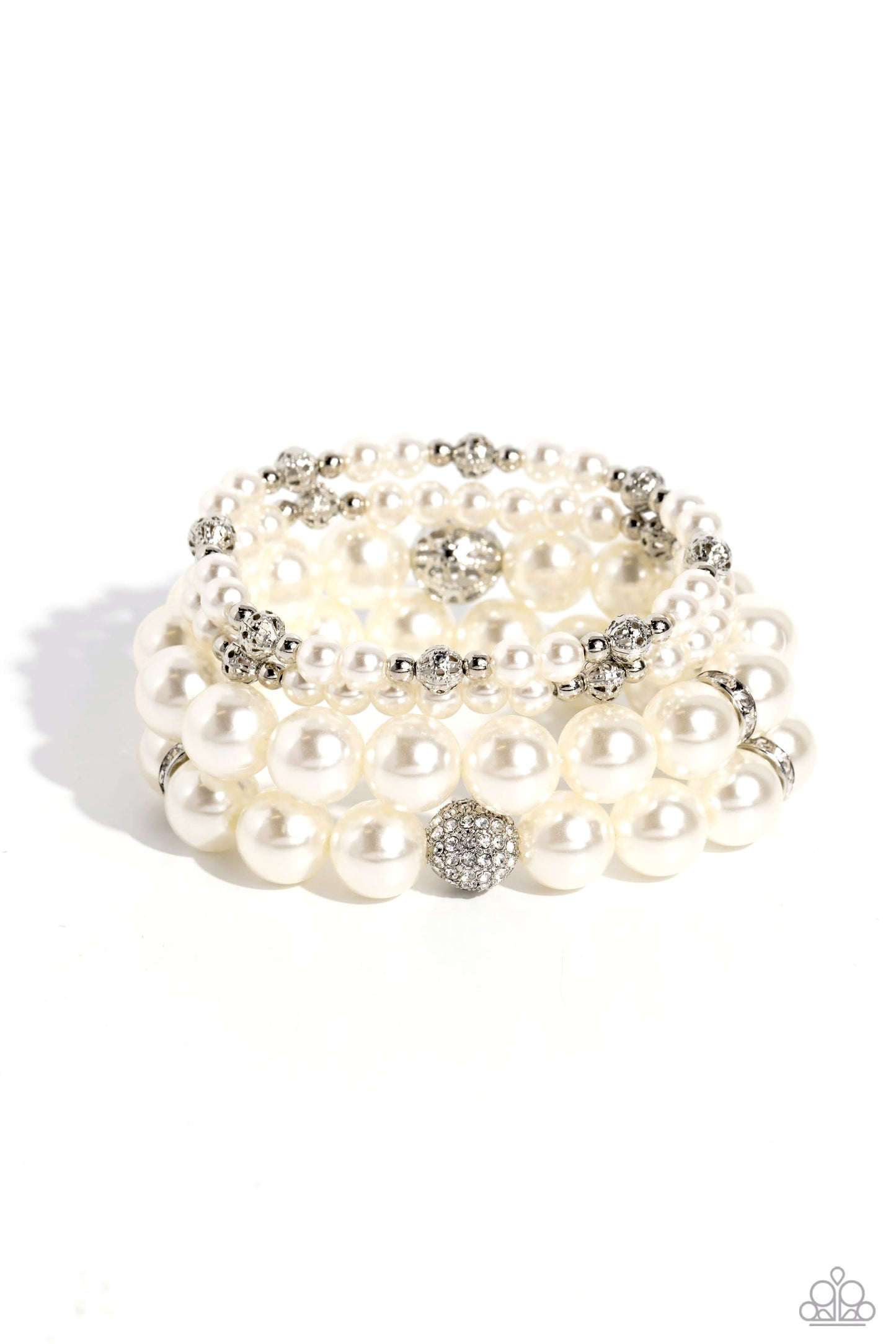 Vastly Vintage - White Rhinestone Silver & Pearl Bead Stretch Bracelet Set Paparazzi B1267