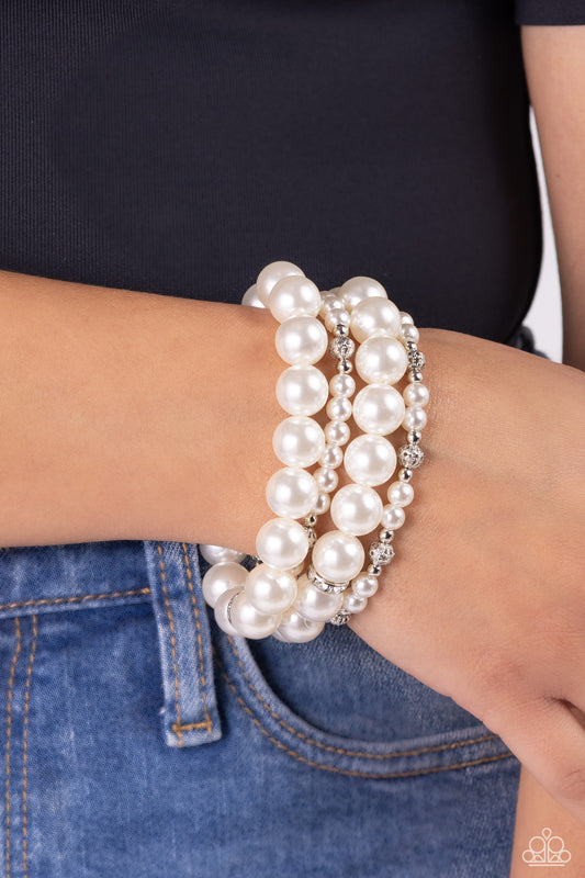 Vastly Vintage - White Rhinestone Silver & Pearl Bead Stretch Bracelet Set Paparazzi B1267