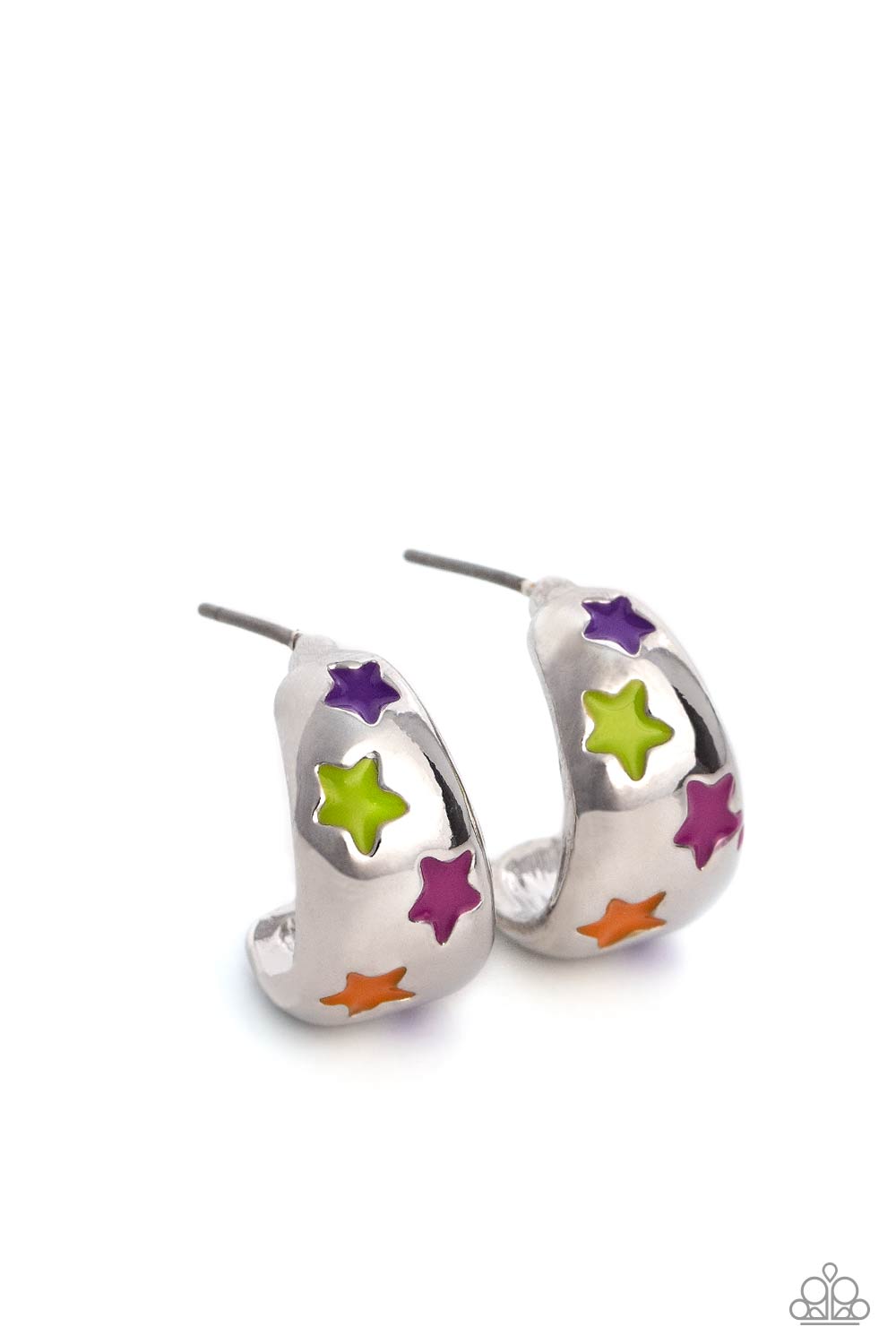 SCOUTING Stars - Multi Rose, Violet, Orange & Kohlrabi Star Silver 1/2 Inch Hoop Earring Paparazzi E1045