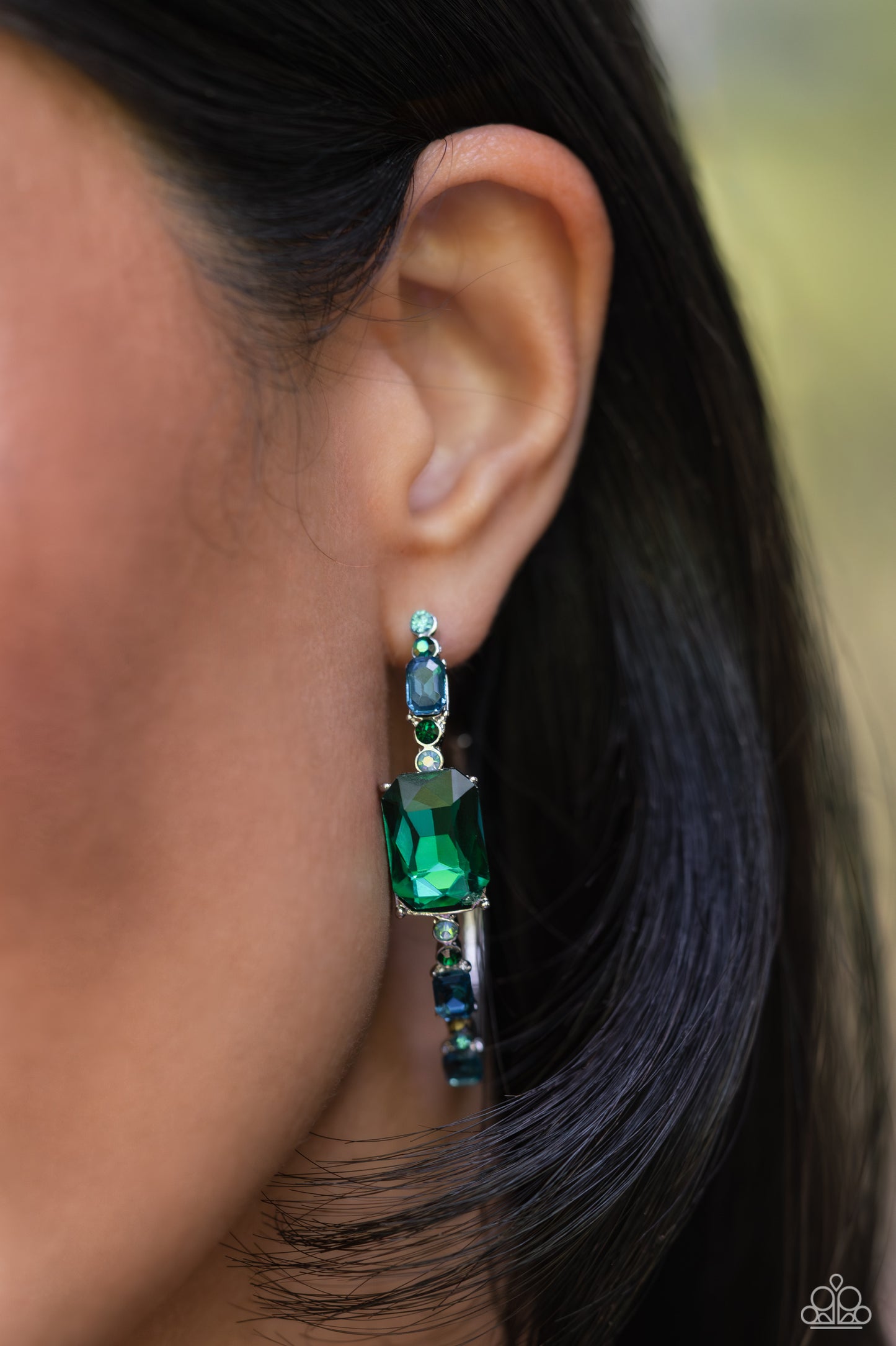 Elite Ensemble - Green Aquamarine & Emerald Gem 2" Long Hoop Earring 2023 Convention Exclusive Paparazzi E1523