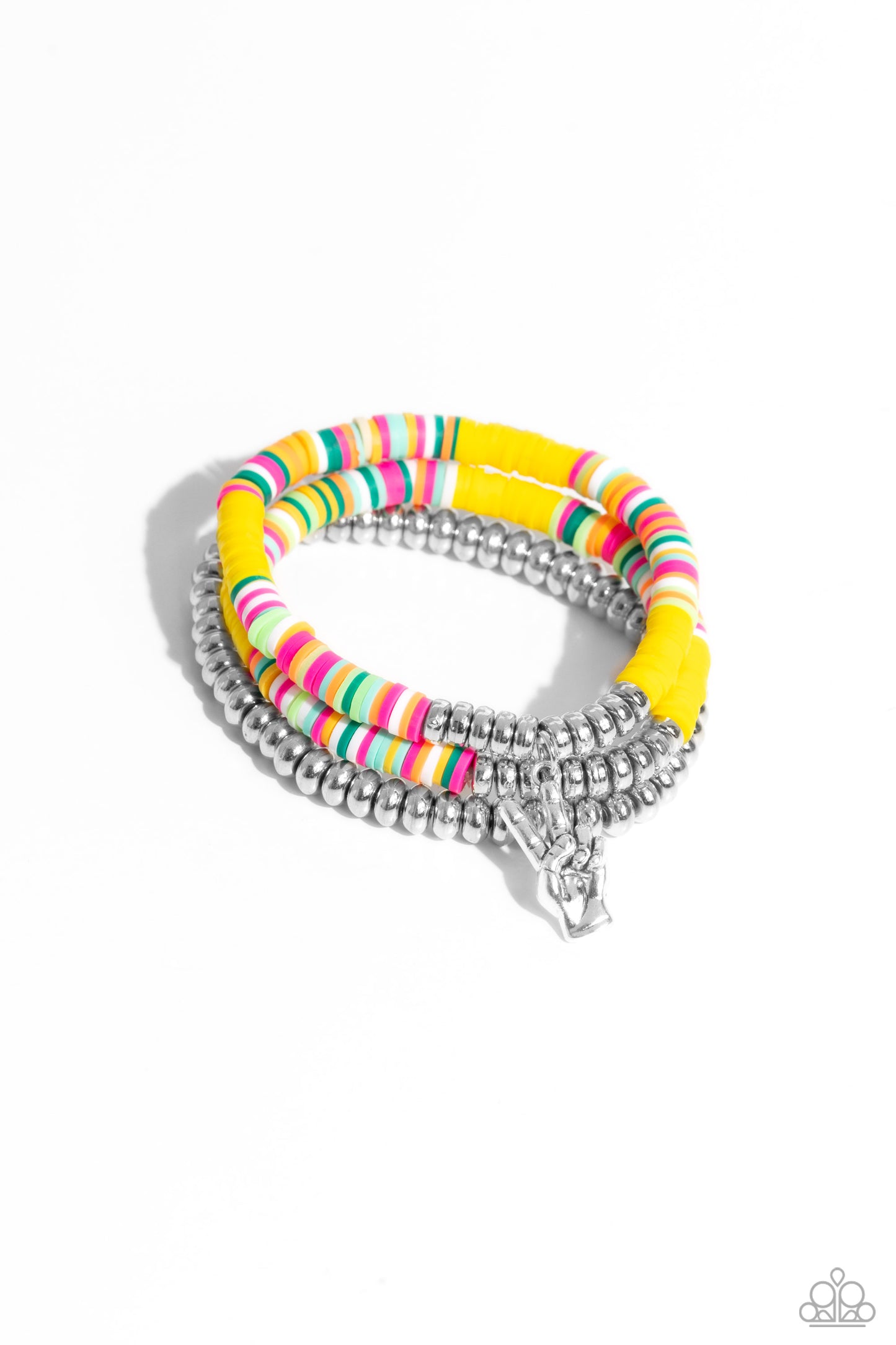 Peaceful Potential - Yellow Pink Green White Rubber Disc Stretch Bracelets Paparazzi B1179